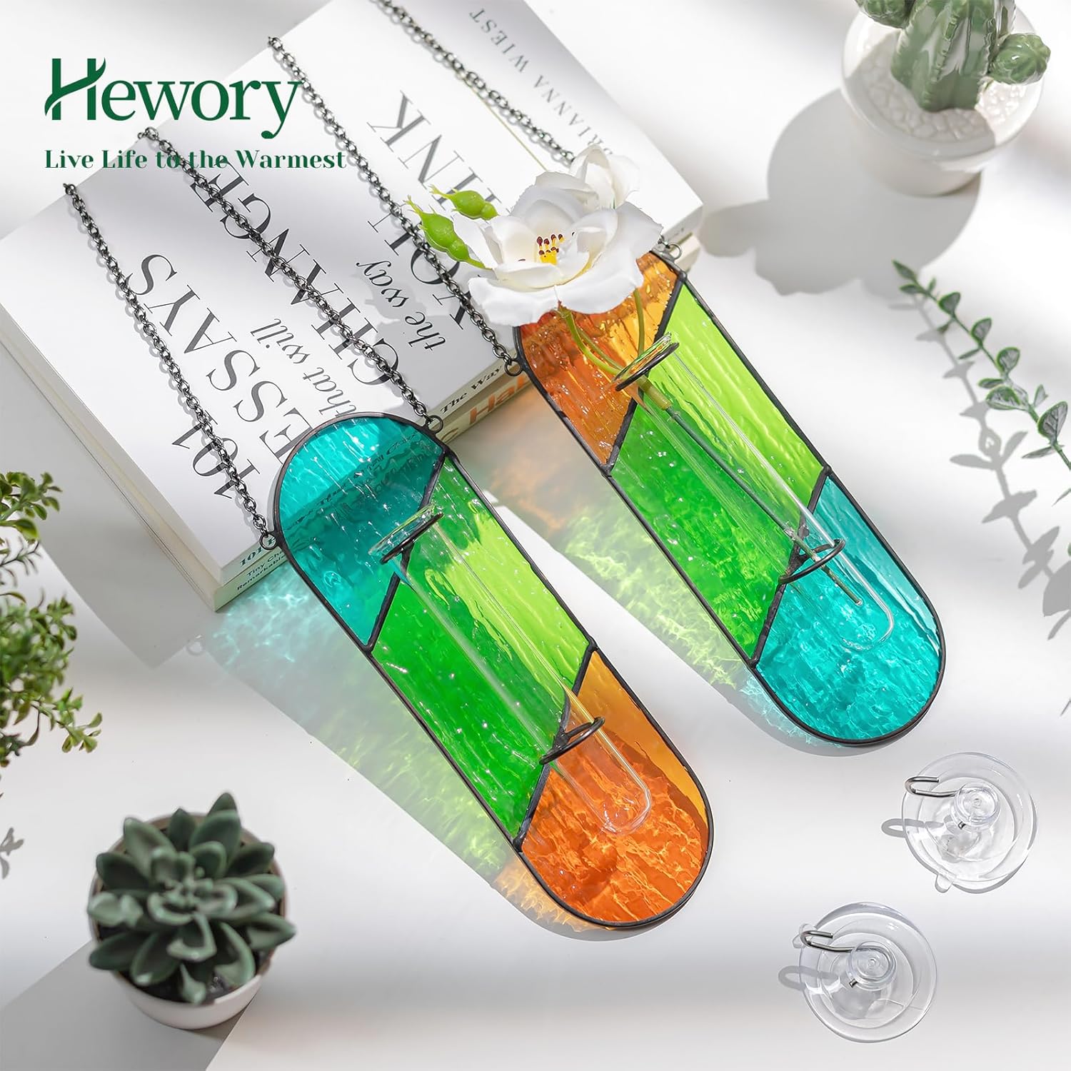 Hewory Stained Glass Plant Propagation Hanging 2 Pcs Propagation Station Planters for Window Wall Decor - Unique Hydroponic Propagated Plant Holder for Kitchen Gifts for Mom