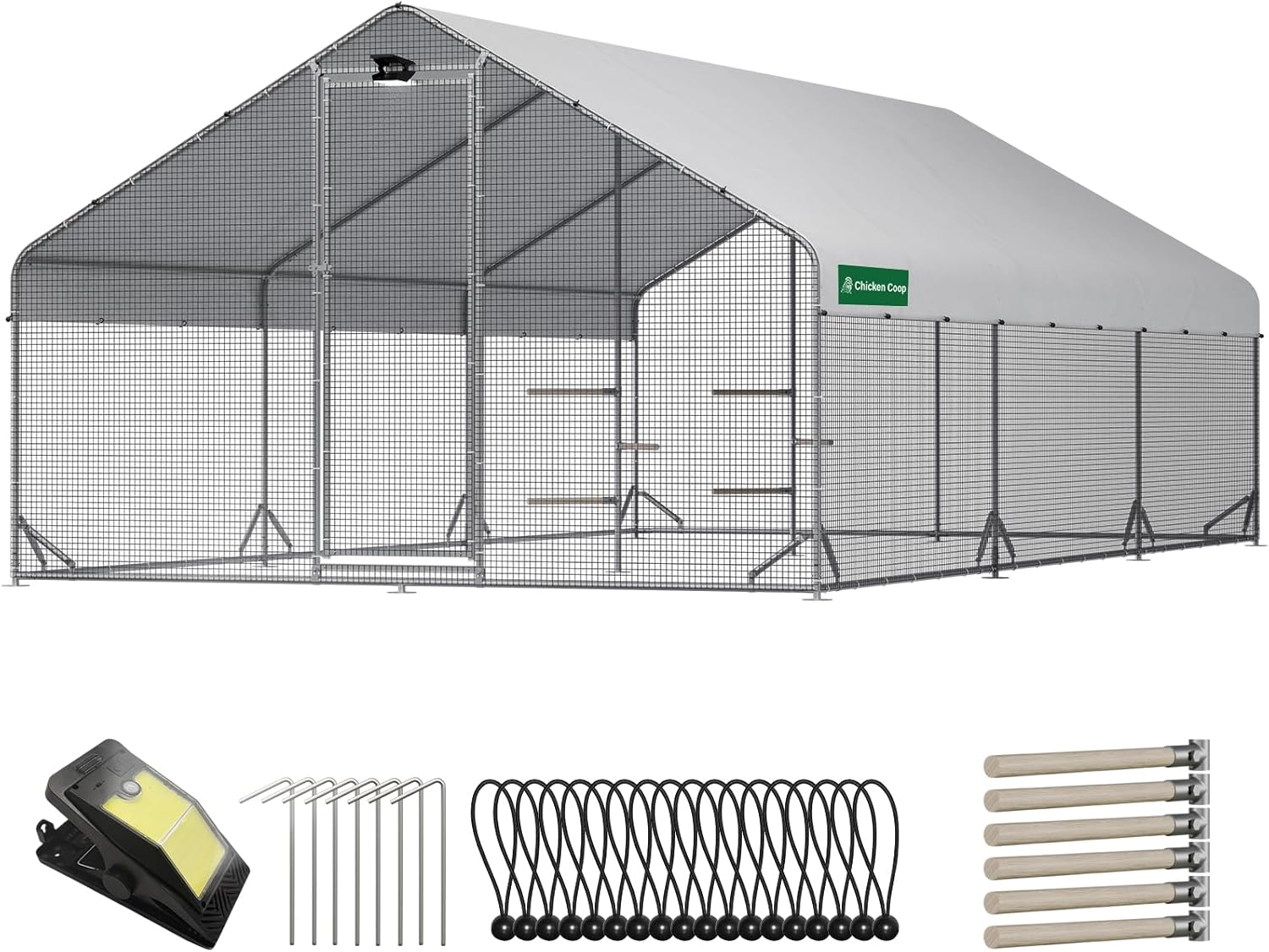 Large Walk-in Metal Chicken Coop with Chicken Run & Hardware Cloth, Solar Light, Waterproof & UV-Resistant Cover, Outdoor Poultry Cage for Farm Use, 3 Room