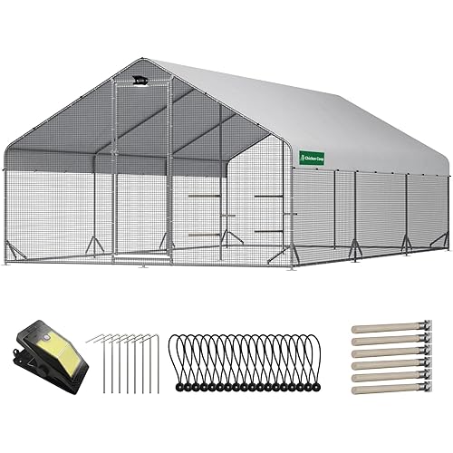 Large Walk-in Metal Chicken Coop with Chicken Run & Hardware Cloth, Solar Light, Waterproof & UV-Resistant Cover, Outdoor Poultry Cage for Farm Use, 3 Room