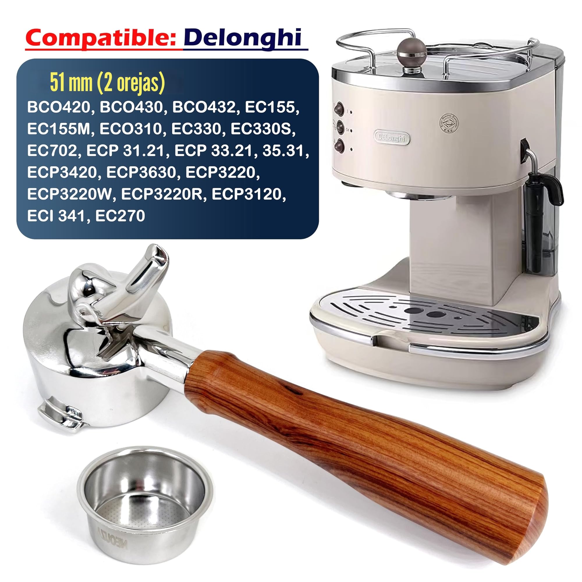 NEOUZA Portafiltro de espresso de 51 mm compatible con cafetera DeLonghi Stilosa ECP33.21 ECP35.31, cesta no presurizada, doble boquilla (2 orejas)