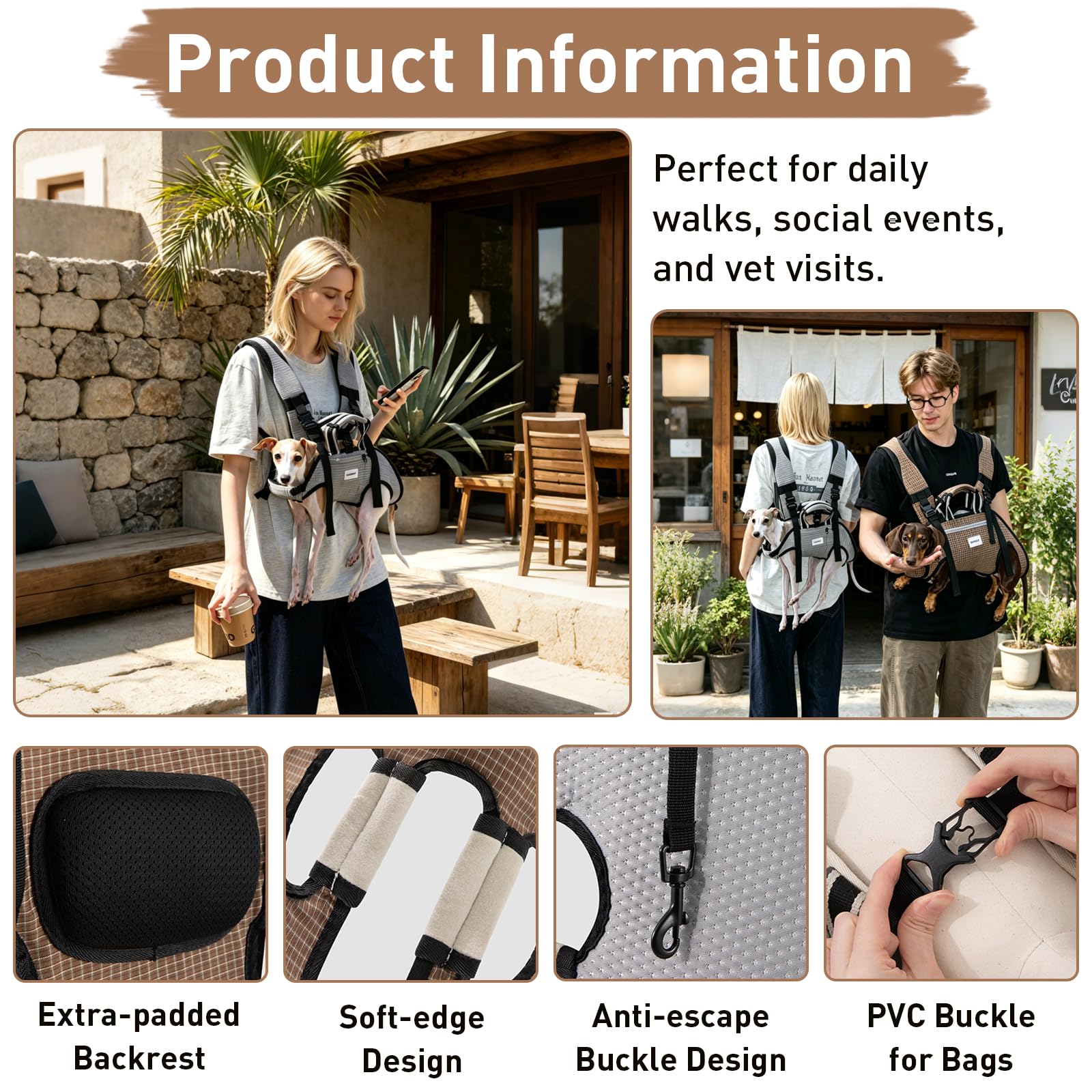 Mochila transportadora para perros, bolsa refrescante de seda de hielo transpirable para mascotas con correas traseras ajustables, diseño horizontal multitransporte y soporte ergonómico de la