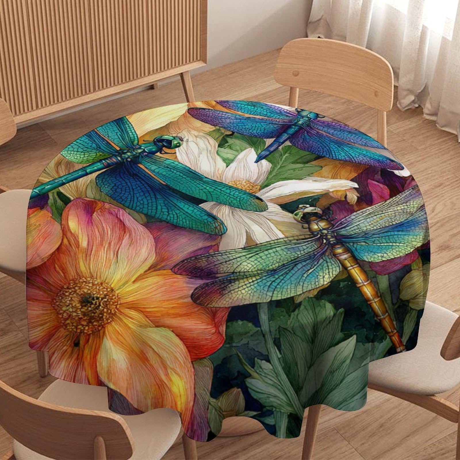LUYYSKY Abstract Aesthetic Dragonfly Round Tablecloth Beautiful Realistic Plant Floral Animal Dragonflies Pattern Washable Decor for Table Cover for Kitchen-152.4" Wx152.4 L cm