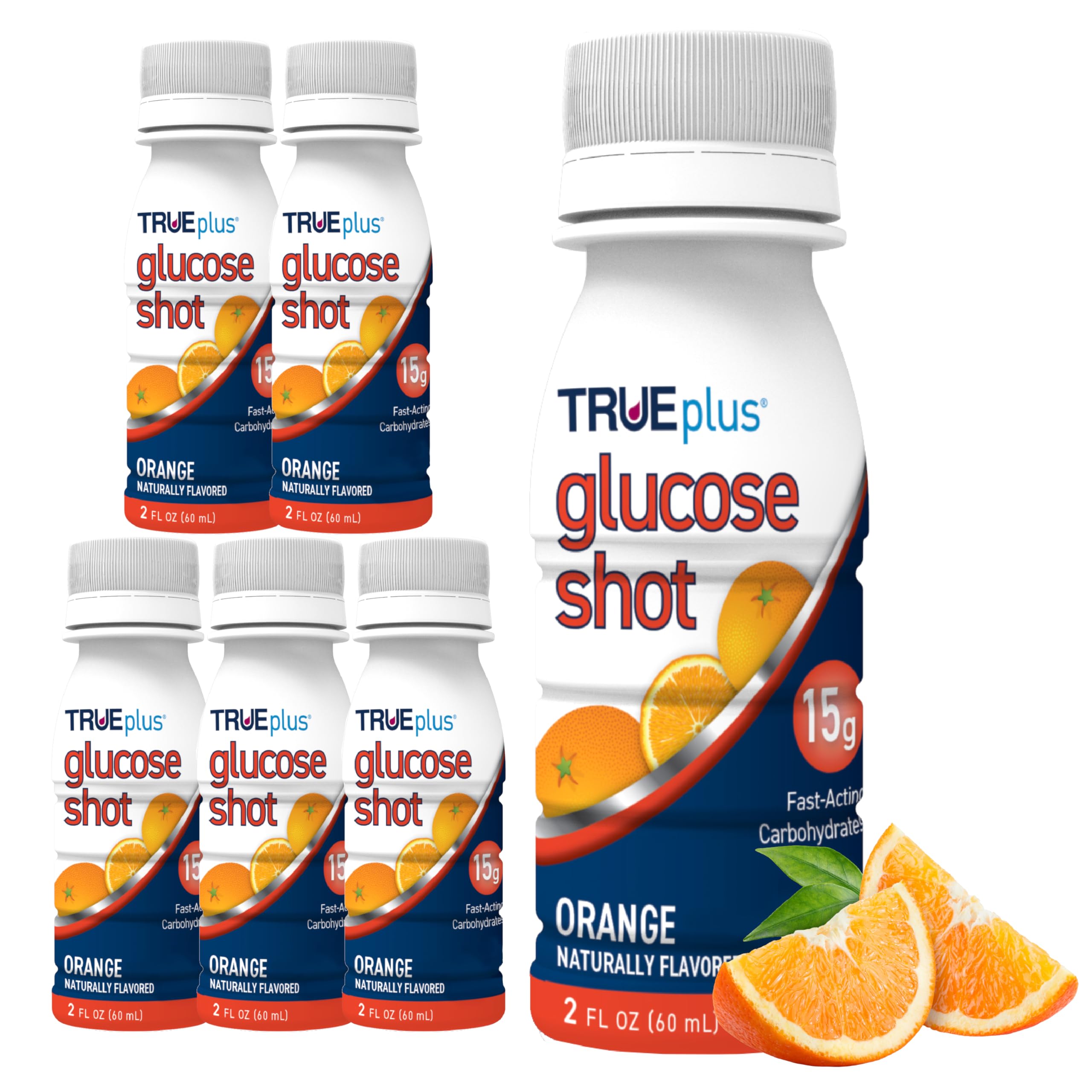 TRUEplus Glucose Shot, Orange, 15g Fast-Acting Carbohydrates, Fat Free, Gluten Free, Raise Low Blood Sugar and Boost Energy, 6 Pack