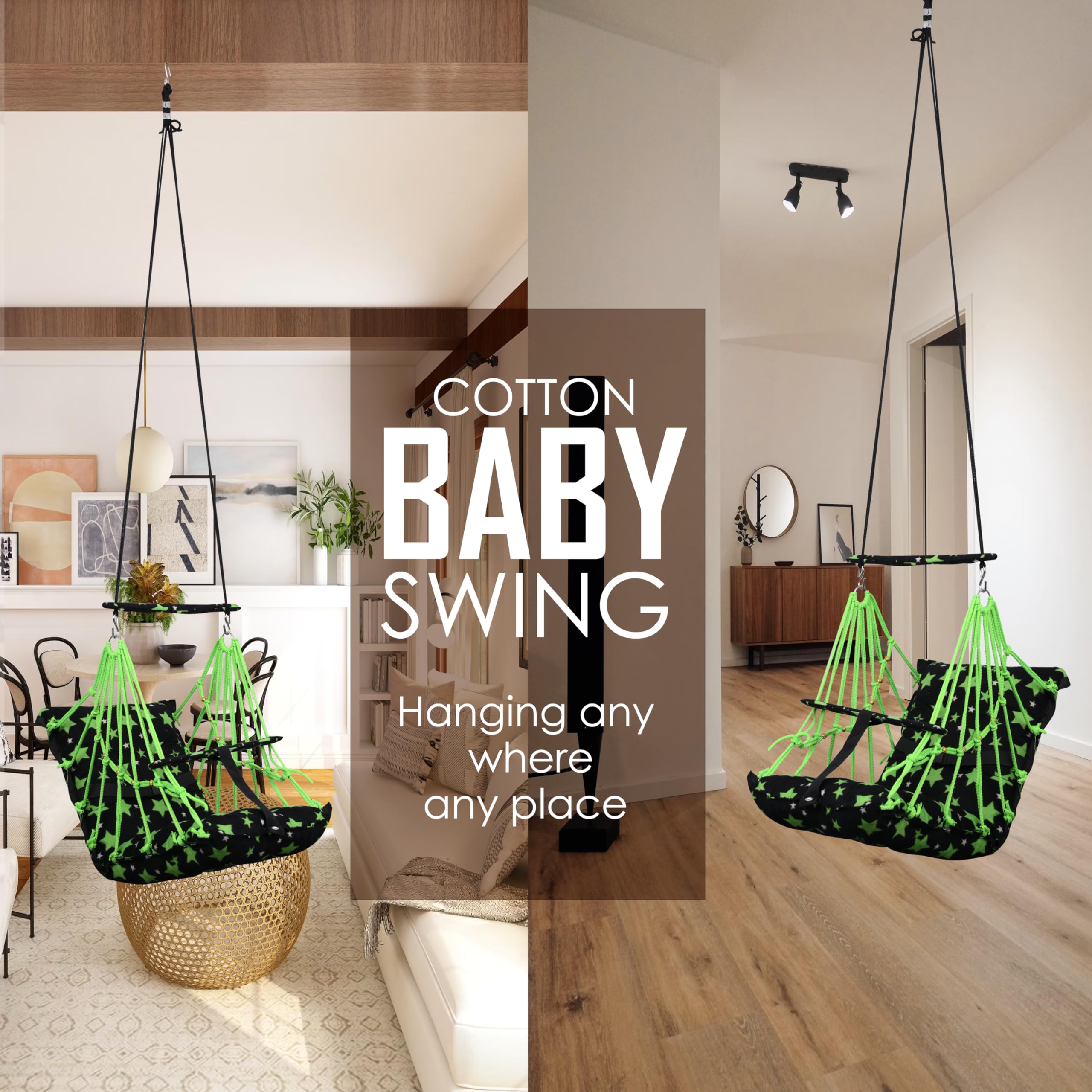 BOFFLE® Cotton Swing Chair for Kids Baby's Children Folding and Washable1-3 Years with Safety Belt/Home,Garden Jhula for Babies|Swing for Kids | Seat and Back Side 16x16 inch