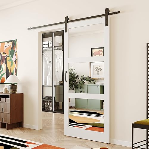 Miniatura 4 de Puerta corrediza de granero de vidrio esmerilado de 3 paneles de 42 x 84 pulgadas, kit de herramientas incluido, requiere montaje, superficie de PVC