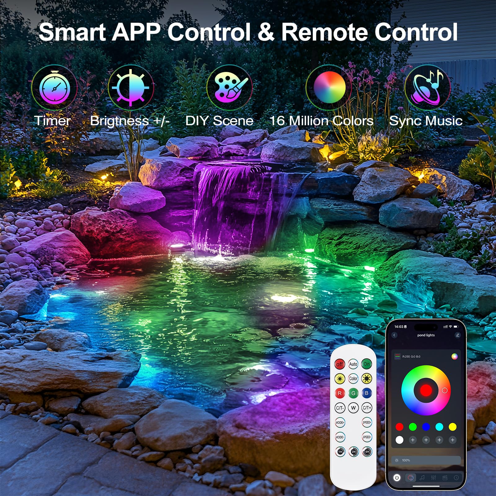 OSREE Vijververlichting LED Onderwater met 12V Transformator en Timer, 6W Schildpad Onderwaterverlichting RGB met APP-bediening, IP68 Waterdichte Vijverlichting voor Waterval, Fontein, Watershow, Set