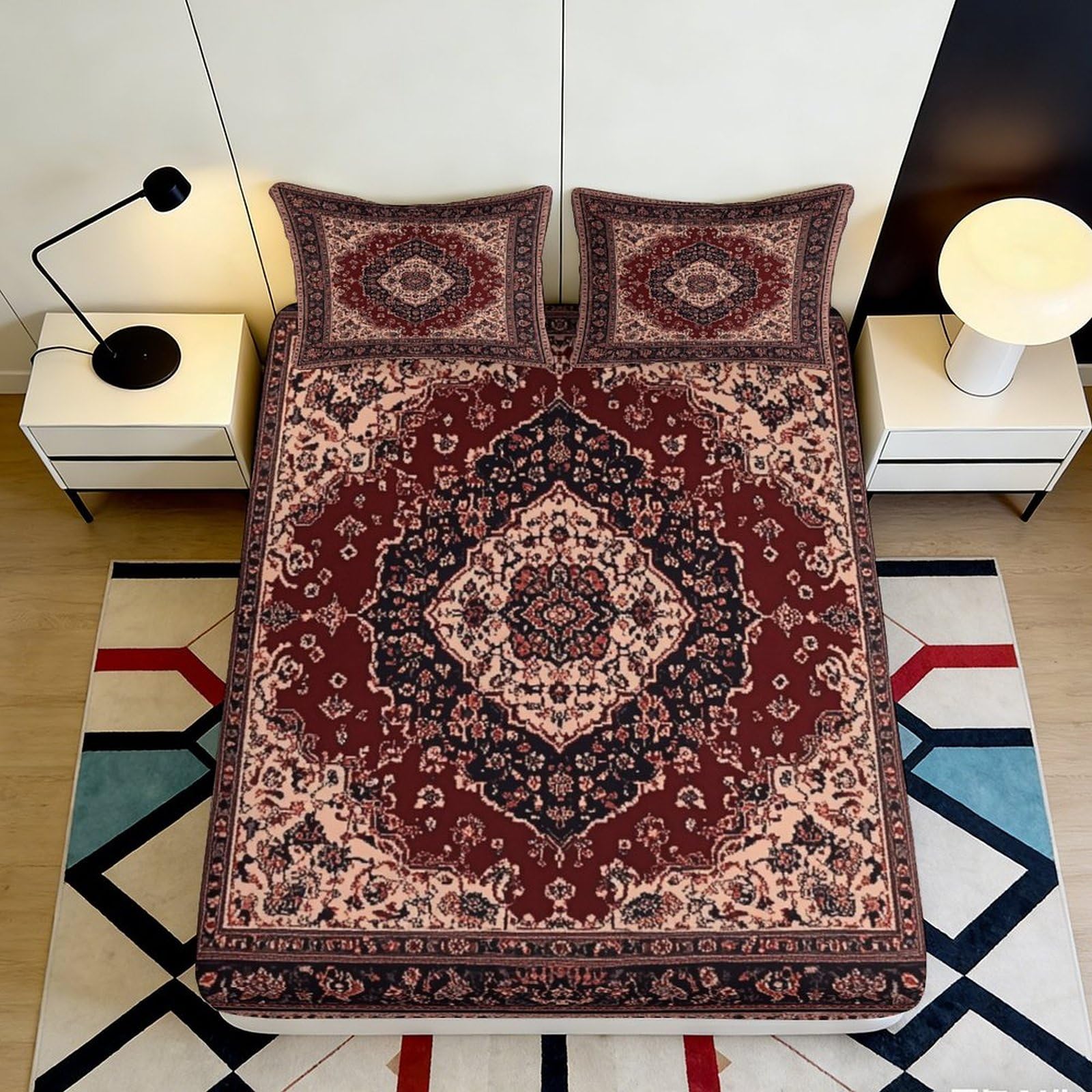 3D Printed Persian Red Medallion Fitted Sheet Microfiber Soft Non-Slip Mattress Cover for Bedroom Guest Room Decor 120x200cm 180x200x25cm