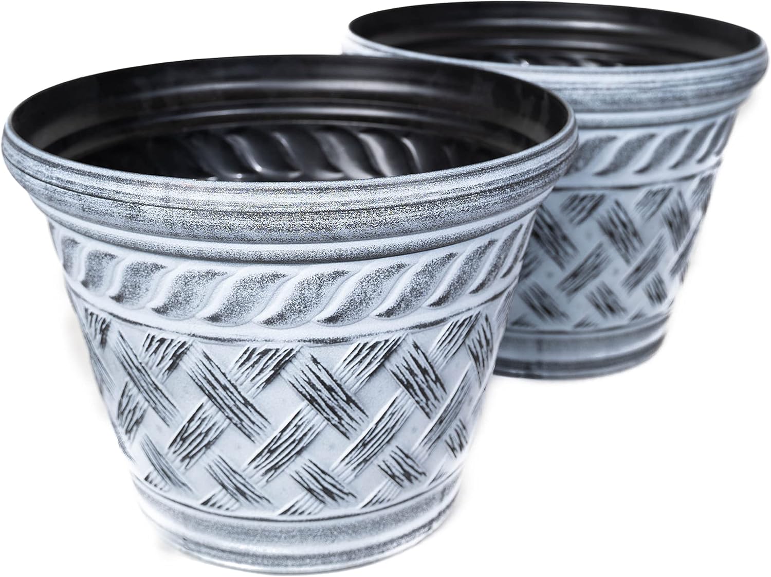 Basket Weave Pattern 2 Pack Decorative Rustic French Country Look Plastic Planter for Indoor, Outdoor, Nursery, Garden, Patio, Office, Home Décor Use. Long Lasting, Reusable Lightweight (Whitewash)