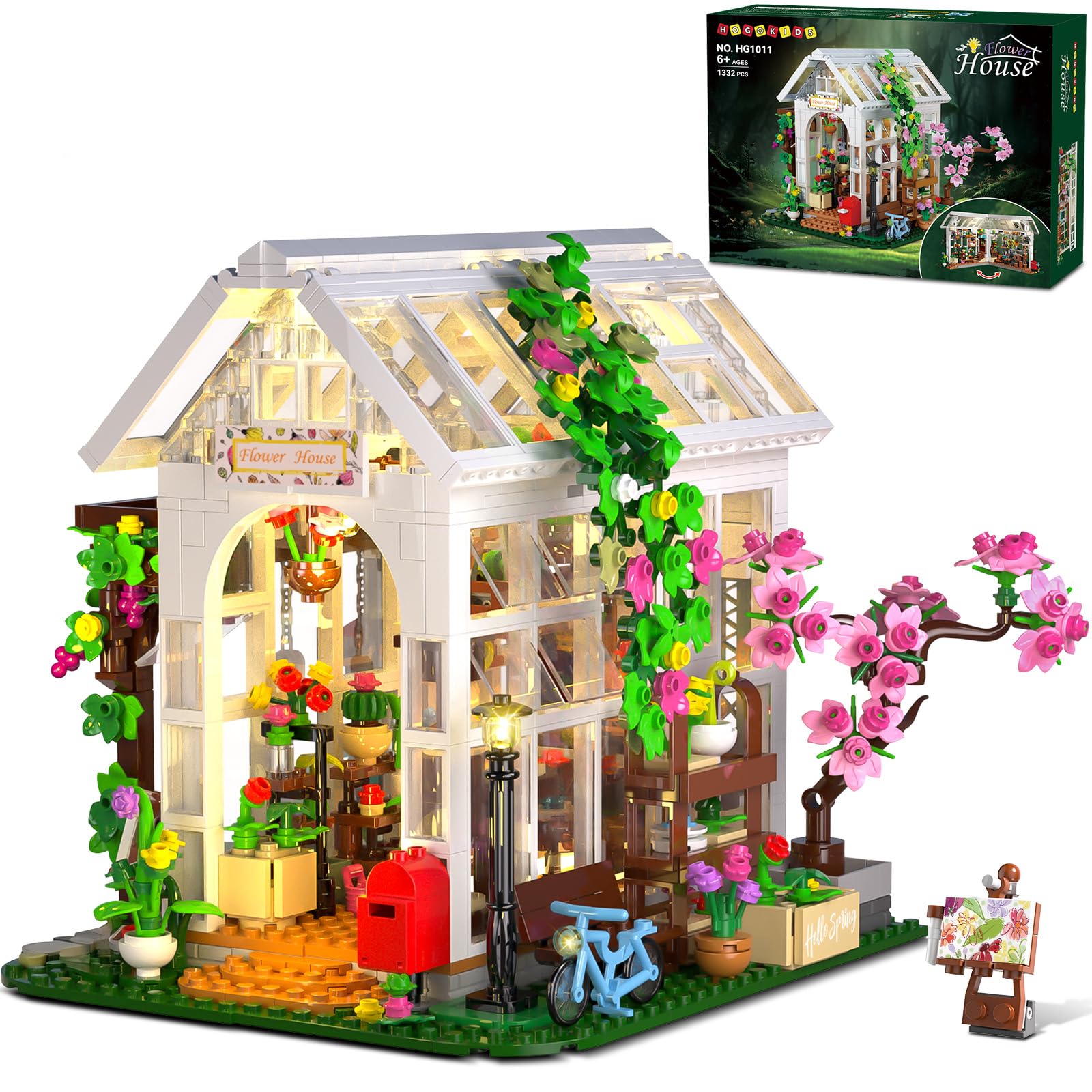 HOGOKIDS Flower House Building Set with LED, Greenhouse Building Blocks Mint Plants and Animals, Creative STEM Construction Toy, Birthday for Aldults Girls Ages 6+