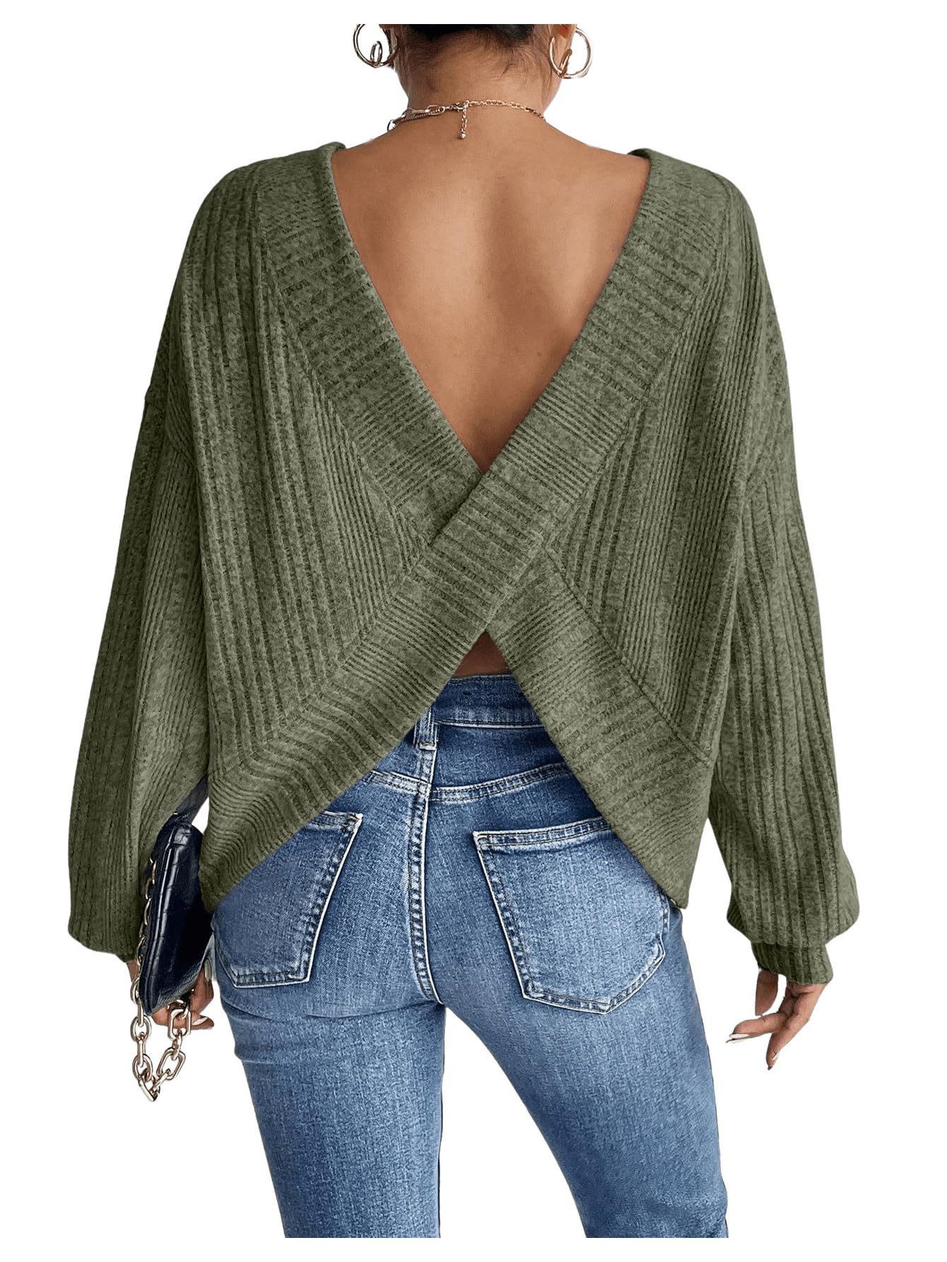 SweatyRocks Womens Criss Cross Round Neck Pullover Sweaters Long Sleeve Loose Cut Out Back Knit Tee Tops Backless