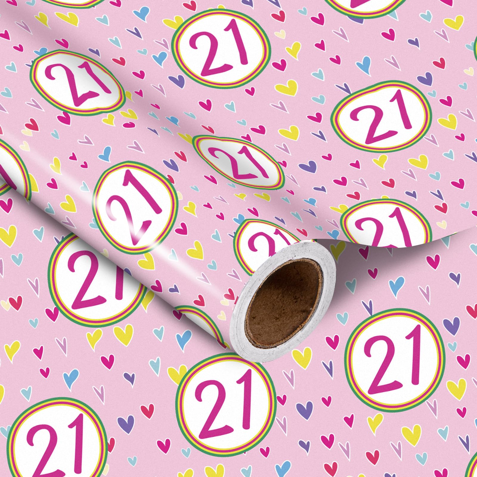 LeZakaa 21st Birthday Wrapping Paper Roll, Pink Happy 21st Birthday With Heart Gift Wrap for for Age21 Teens, Kids, Girls, Friends, Mini Roll, 17