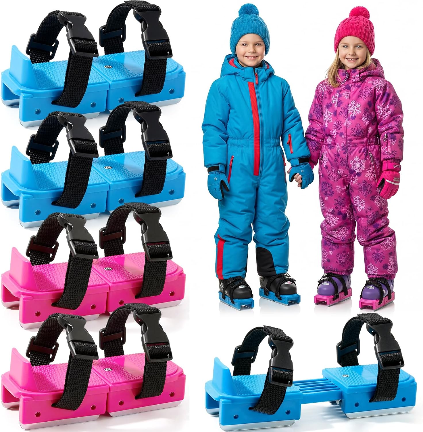 2 Pair Double Runner Ice Skates, Adjustable Straps 5.7x2.4 Inch | Hook Loop Fastening Secure Fit, Dual Blade Stability Training, Compact Skating Gear for Boys Girls Beginner, Pink Blue