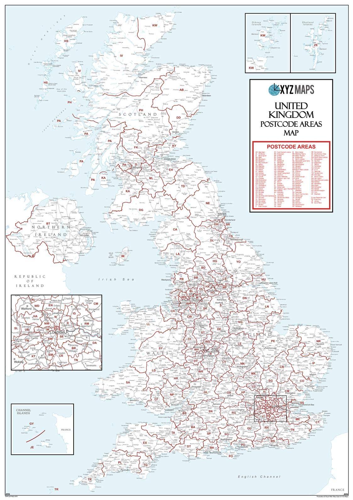 UK White Postcode Area Medium Wall Map (AR4) - 23.5" x 33.25" Rolled Canvas