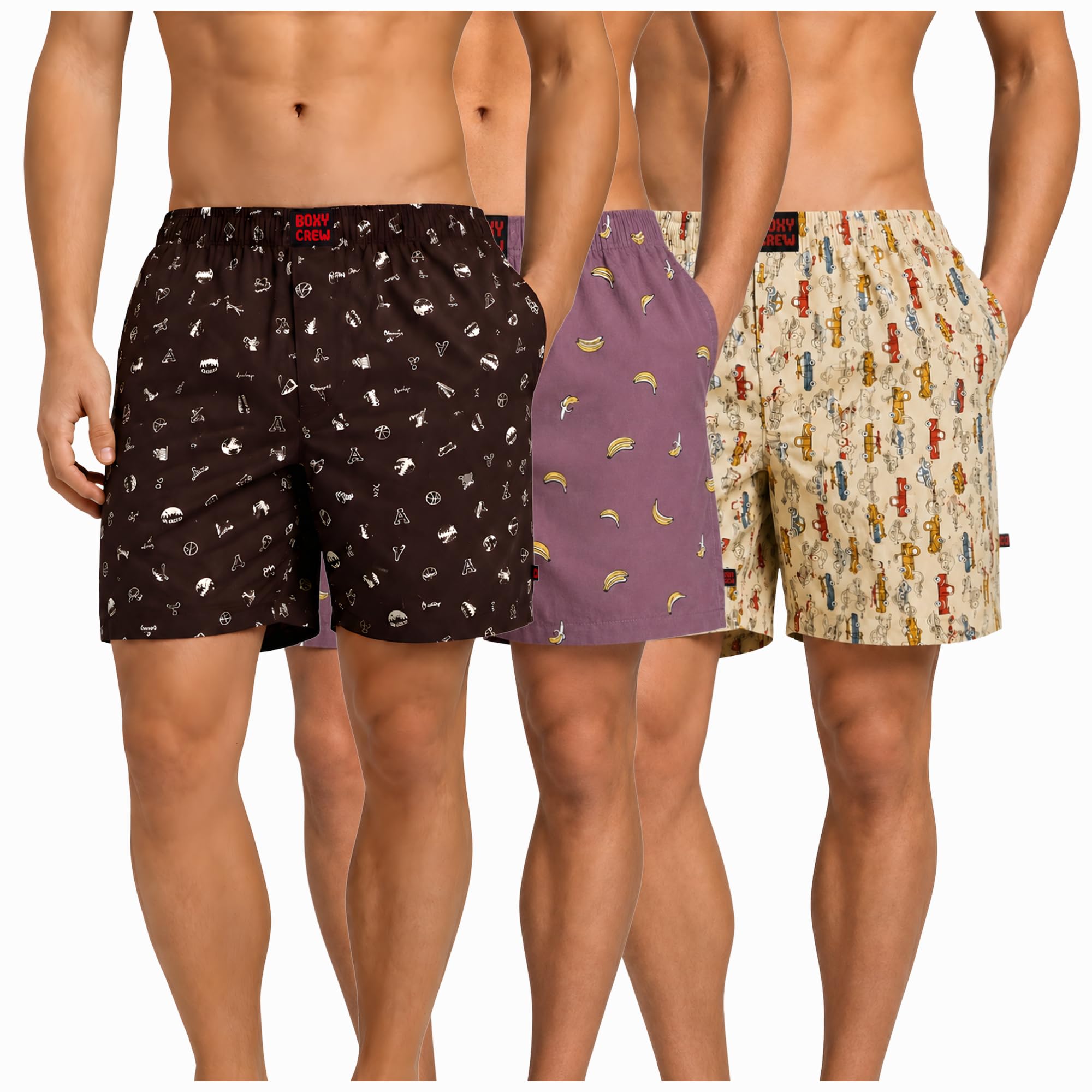 Men's 100% Cotton Boxer Shorts Pack of 3, Brown, Rose Pink & Beige | Woven Boxers with Side Pockets, No-Marks Elastic Waistband, Breathable Relaxed Fit | Style 005-006-013-picture-37