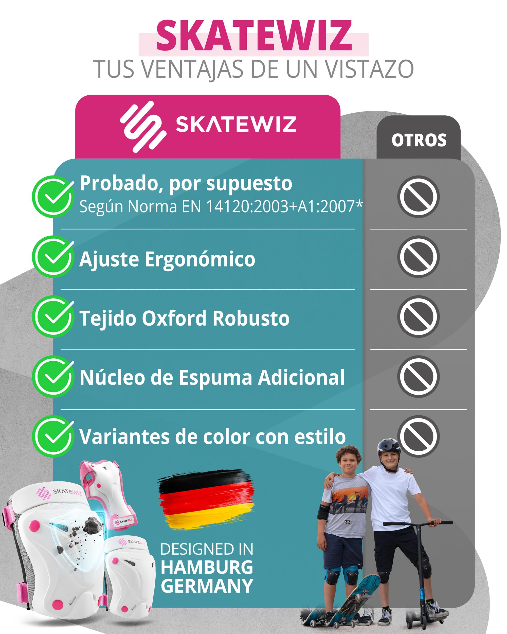 SKATEWIZ Protecciones Patines Niña, Niño e Adulto [6 piezas] Rodilleras y Coderas Niño Patinaje, Patines, Rodilleras Para Niños - Marca Alemana — view 7