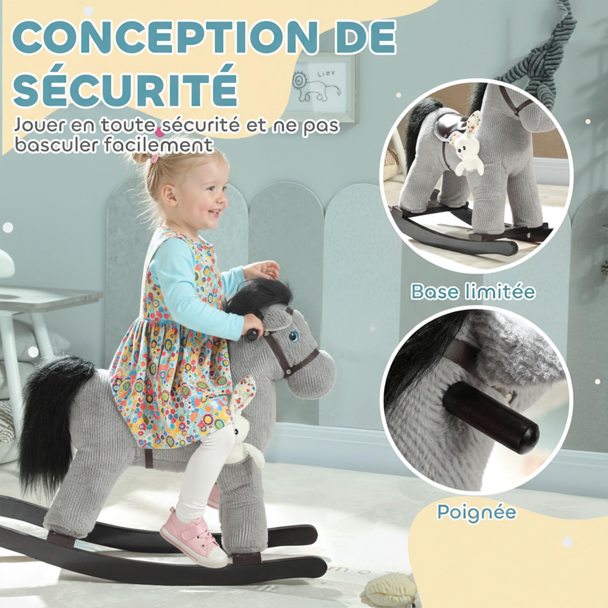 AIYAPLAY - Caballo mecedor para niños con efecto de sonido, juguete para bebé de peluche, muñeca y asa, regalo para niñas y niños de 2 a 5 años, color gris