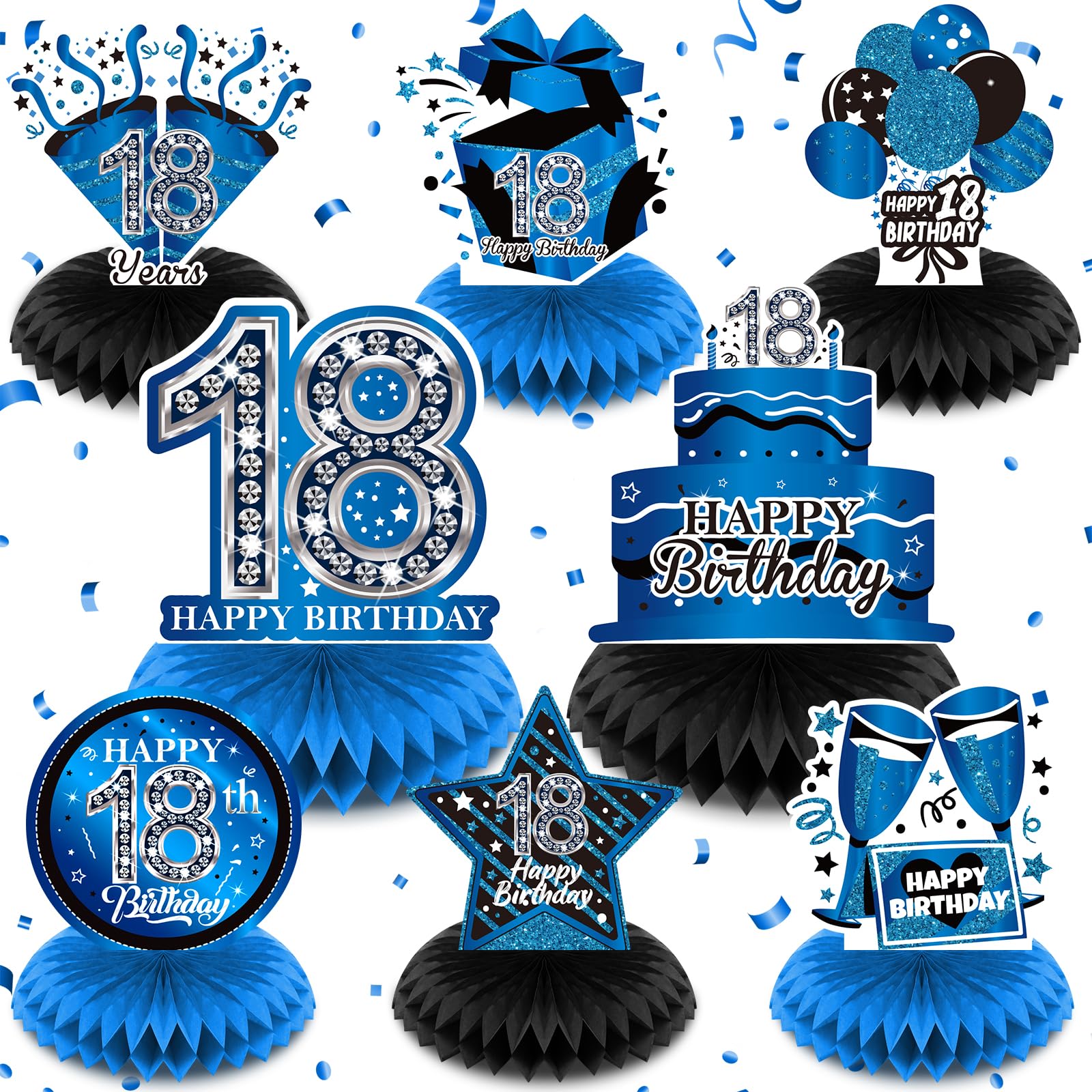 8Pcs Blue 18th Birthday Decorations Blue and Black Happy 18th Birthday Table Honeycomb Centerpieces for Table Decor 18th Birthday Table Topper for Boys Girls 18th Birthday Anniversary Party Supplies