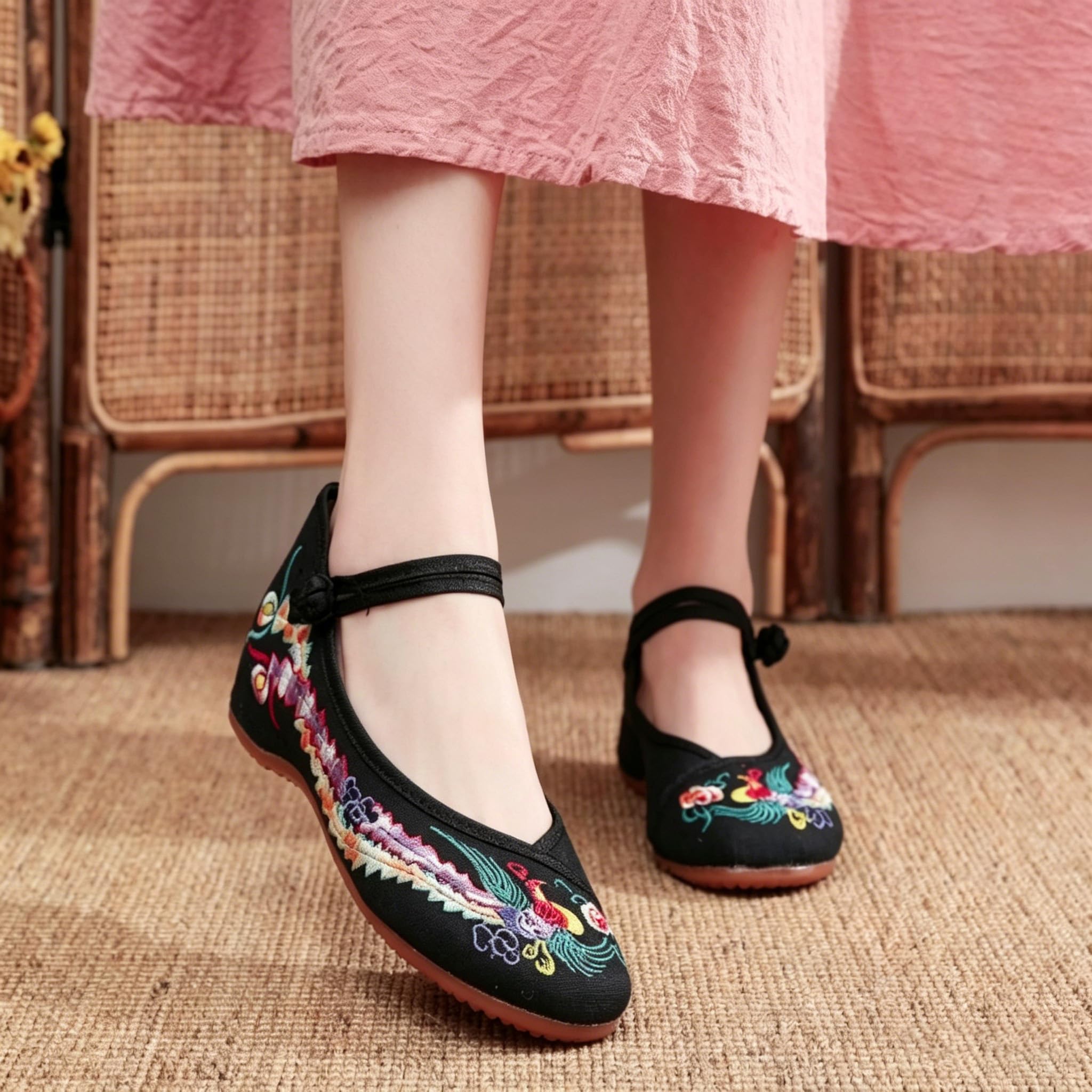 Chaussures Femme à Broderie Florale Chinoise Wedges Mary Jane Traditionnelles Asiatiques Chaussures de Ballet, Yoga, Mariage Toile Semelle Caoutchouc