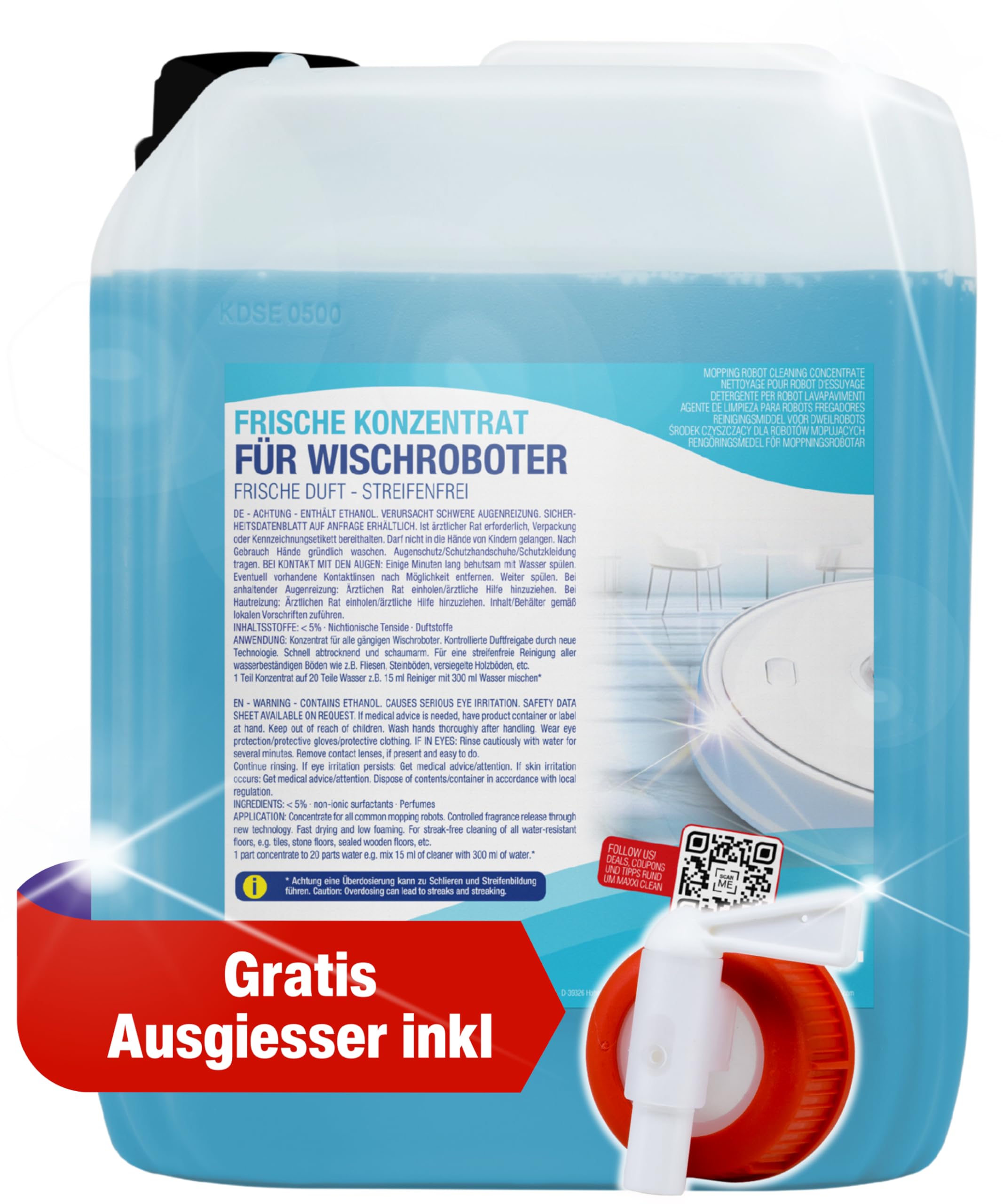 Bodenreiniger 5 Liter Kanister mit Frische-Duft - geeignet für alle Wischroboter - Universal Reiniger Konzentrat - Wischflüssigkeit für Boden, Parkett, Fliesen - Saugwischer-Reinigungsmittel