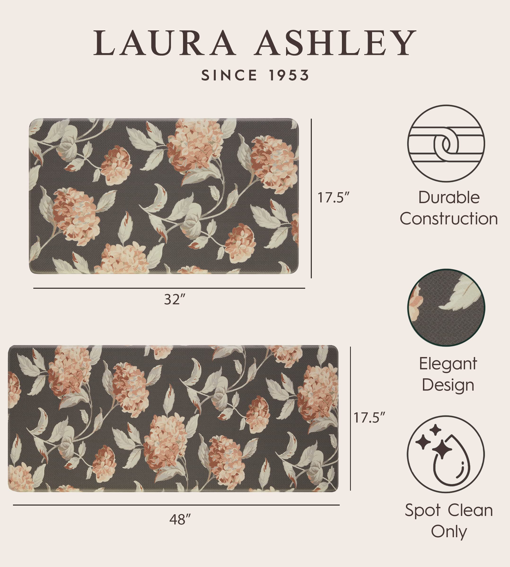 Amazon | Laura Ashley – 抗疲労キッチンマットセット、アジサイ花柄 