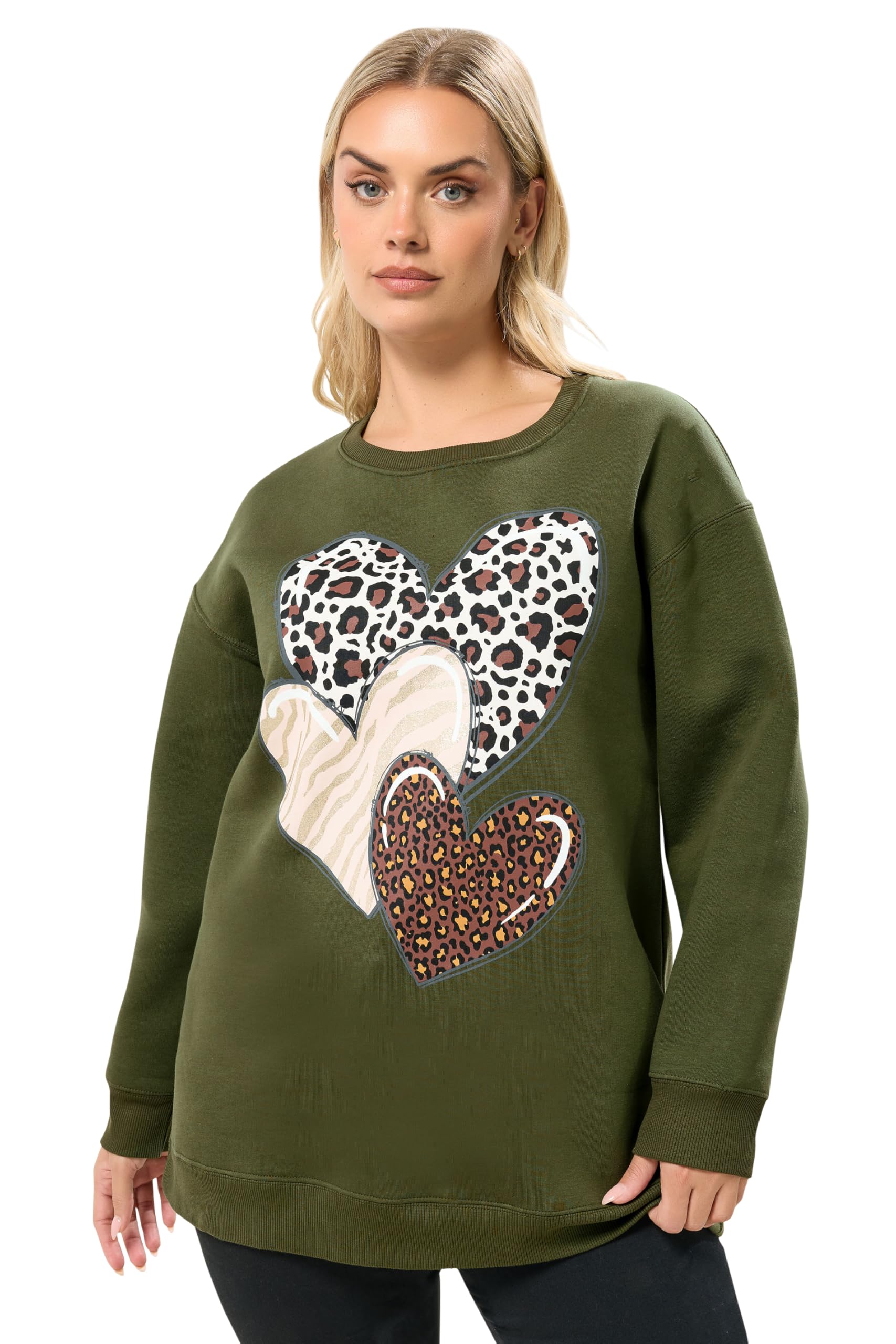 Yours Women's Khaki Curve Green Leopard Print Heart Sweatshirt - Plus Size Curve