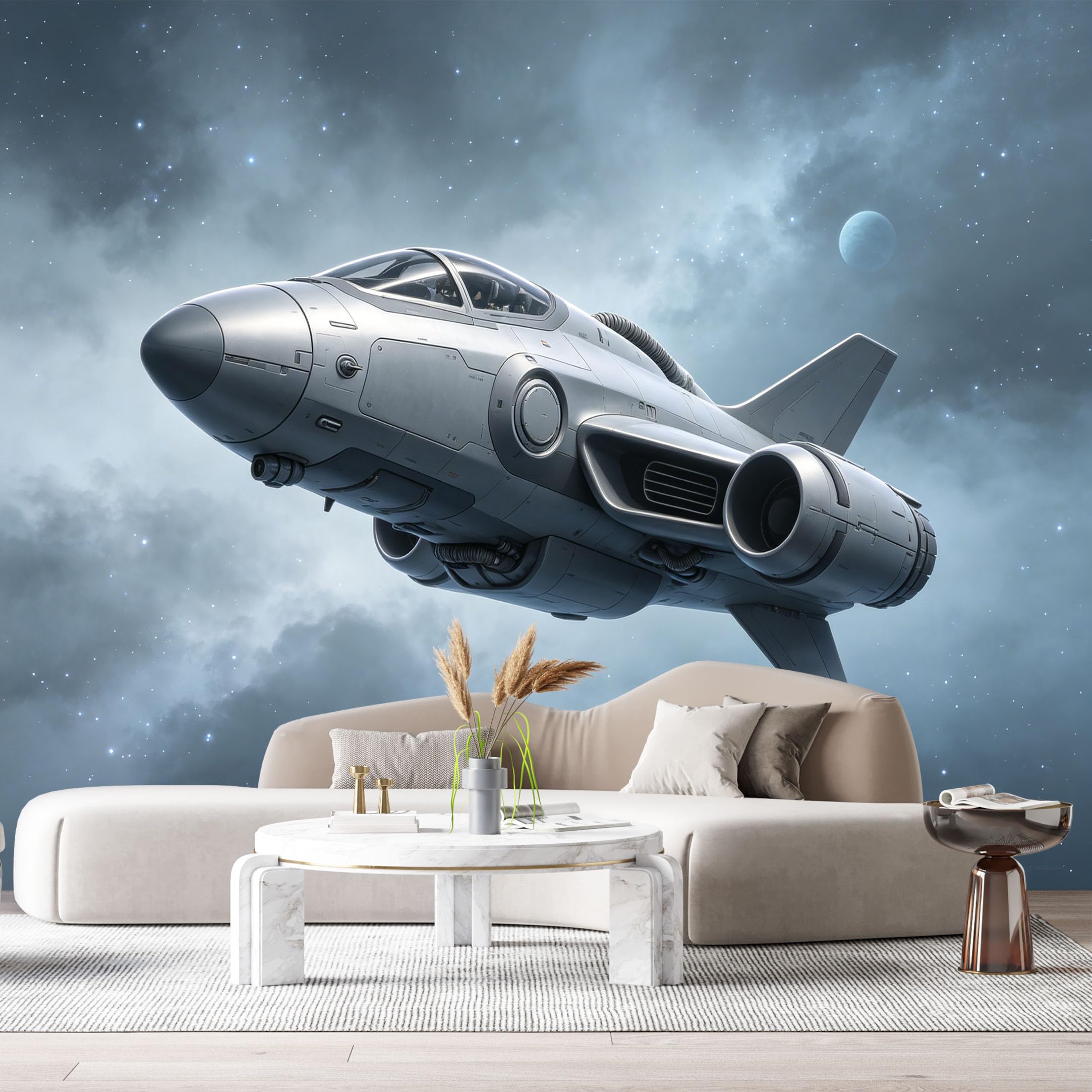 Custom Size Wall Mural Futuristic Spacecraft Jet Science Fiction Spaceship Sky Metal Texture 3D Realistic SelfAdhesive Art Prints Removable Large Wallpaper Esports Room Game Room Studio
