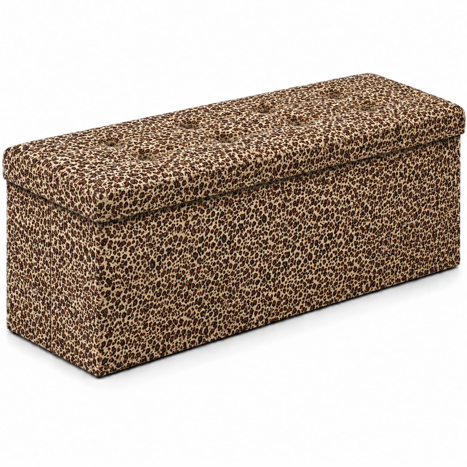 ALASDO 43 Inch Folding Storage Ottoman Bench with Hidden Storage, PU Leather Ottoman Foot Rest Stool, End of Bed Bench for Bedroom, Living Room, Entryway and Closet, Leopard Print