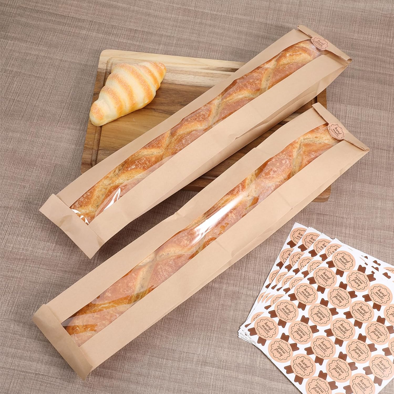 SHENLIU 200 Pack Baguette Paper Bags with Clear Front Window and 200 Seal Stickers, Fresh Breads Loaf Packing Bags, Long Bread Paper Bakery Storage Bag Biscuits Packaging (23.3 x4.3 x1.6 Inch)