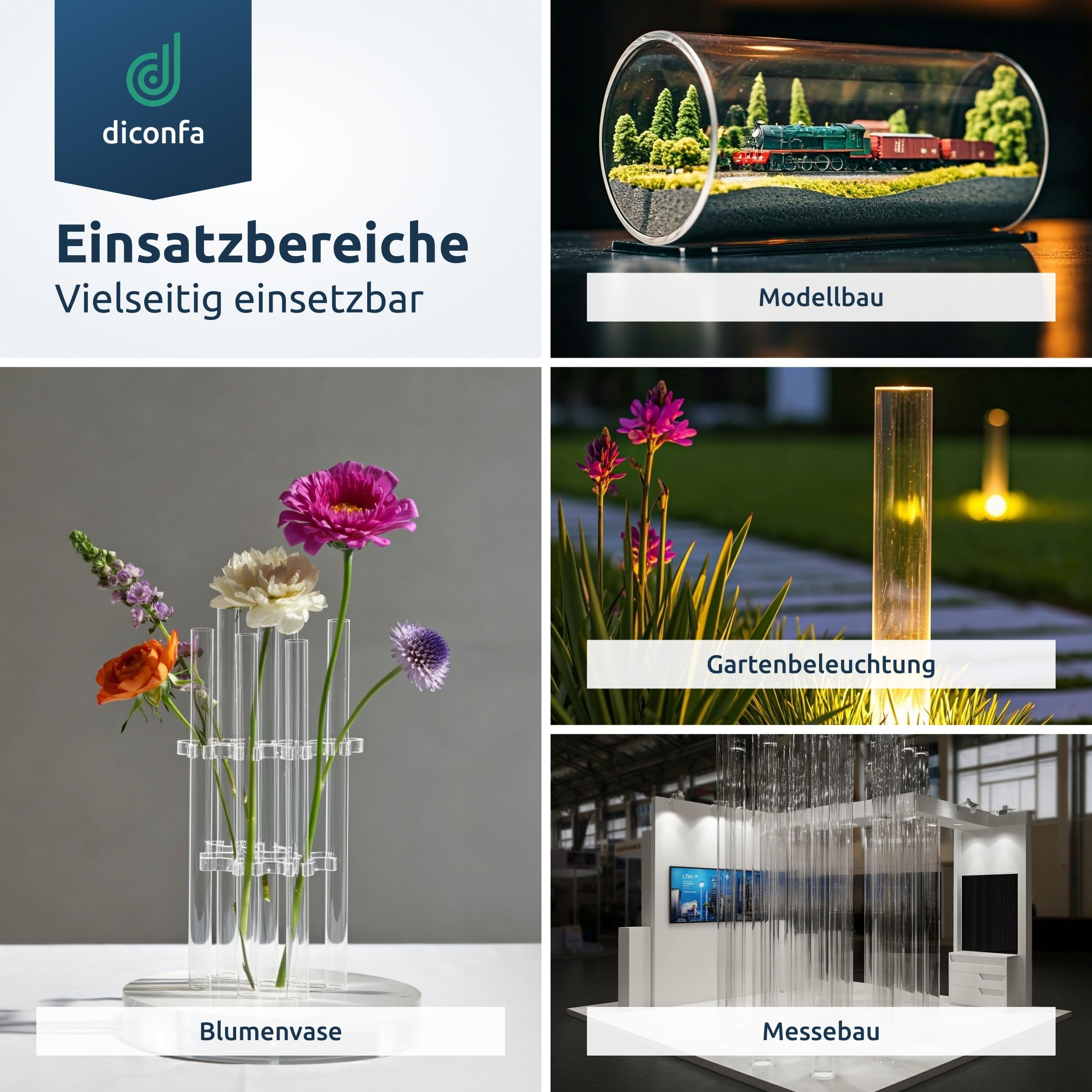 diconfa Acrylrohr Acrylglas Rohr glasklar - Ø 5 bis 500mm - LÄNGE 1550mm bis 2000mm - AUSWAHL: Durchmesser 50/46mm x 1550mm (155cm 1,55m) - Farblos Kunststoff Dekoration Messebau Beleuchtung Möbel