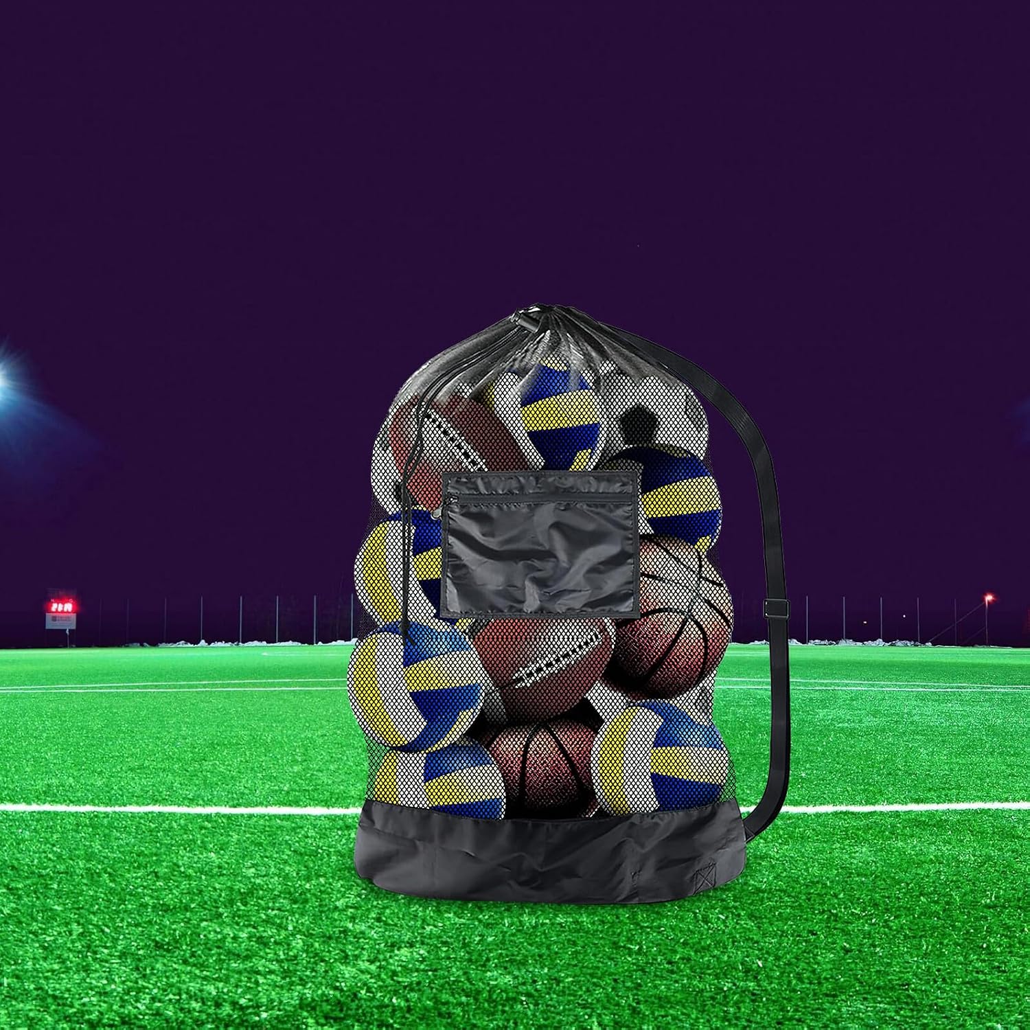 Heavy Duty Mesh Ball Bag for Basketball and Soccer, Single Shoulder Drawstring Sports Bag with Insert Pocket, Outdoor Sports Equipment Carrier for Volleyball and Football