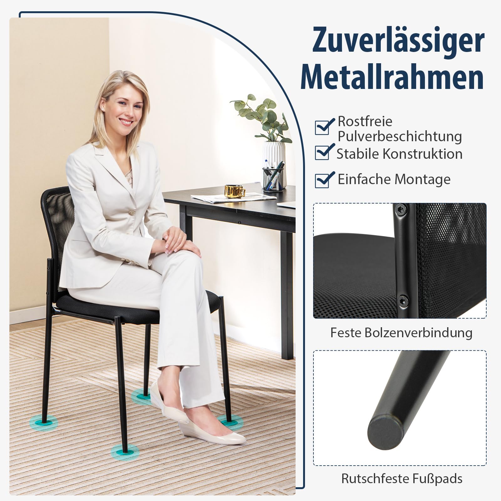 COSTWAY Konferenzstühle 2er Set, stapelbare Besucherstühle ohne Armlehnen, Bürostühle bis 150 kg belastbar, für Büro, Konferenz, Empfang, Schwarz