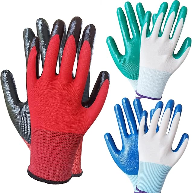 3pairs gardening gloves multicolored for women and men, rubber coated anti slip durable breathable safety work gloves