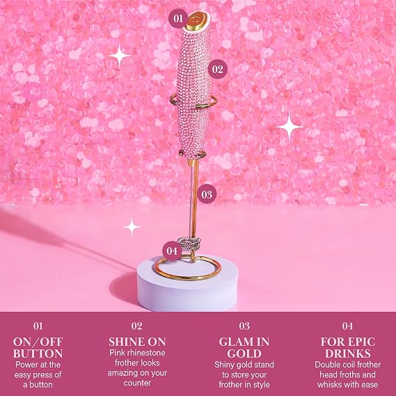 Paris Hilton Electric Rhinestone Handheld Milk Frother with Double Coil Head Whisk and Gold Metal Stand, Battery Powered (2 AA Batteries Required but Not Included), Pink