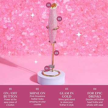 Paris Hilton Electric Rhinestone Handheld Milk Frother with Double Coil Head Whisk and Gold Metal Stand, Battery Powered (2 AA Batteries Required but Not Included), Pink