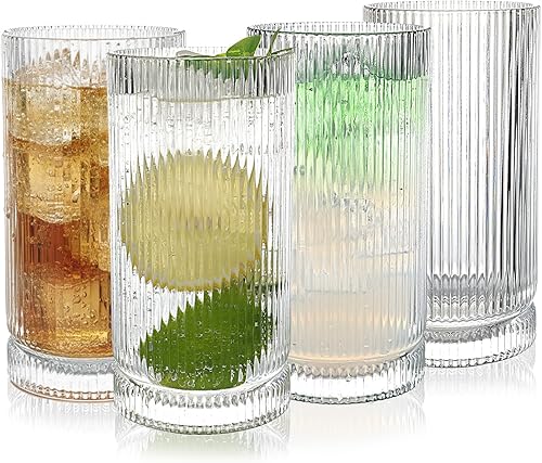 Juego de cristalería vintage acanalada, vasos para beber de 16 onzas, estilo origami, juego de 4, diseño estriado, ideal para agua, café helado,