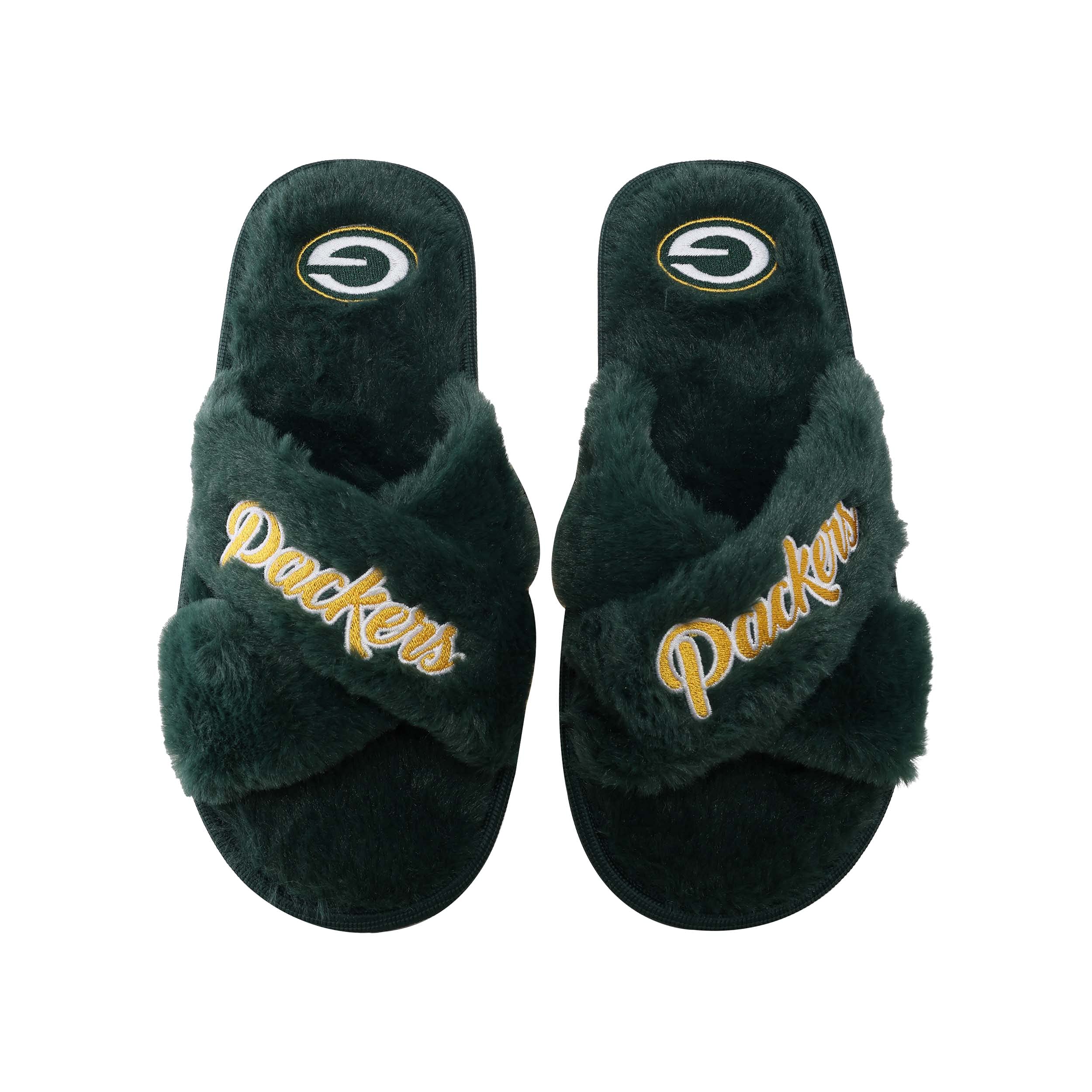 FOCO Womens NFL Team Script Wordmark Fuzzy Cross Slide Slippers