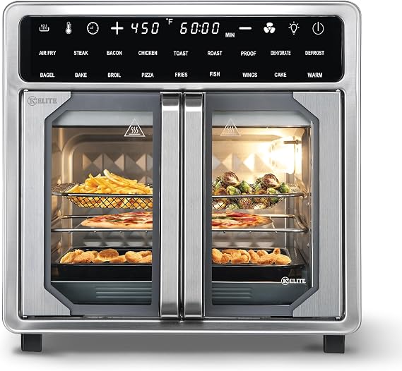 Kitchen Elite 16 Quart French Door Air Fryer Oven Family Size Countertop Convection Cooker with LED Display, Stainless Steel