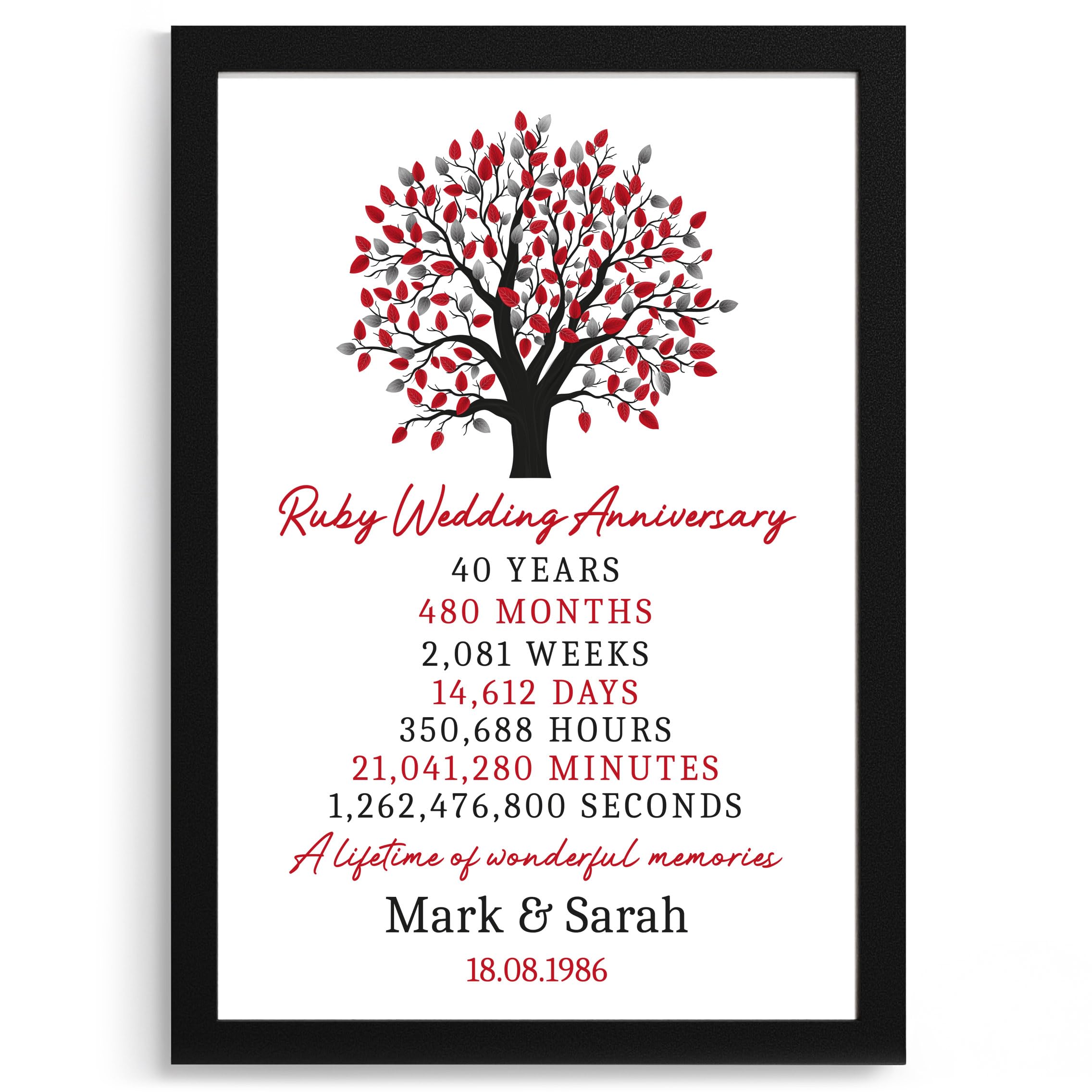 Beecreative 40th Wedding Anniversary Present - A5 or A4 Print with Wooden Frame - Personalised Gift Ruby Anniversary Keepsake For Parents