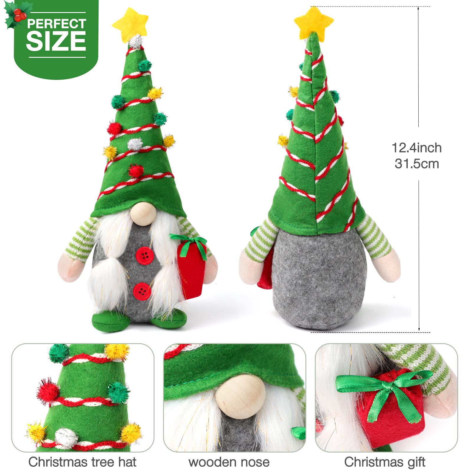 Yonsya Set of 2 Christmas Gnome Plush Decorations, Xmas Farmhouse Tiered Tray Decor-Red Green Handmade Scandinavian Tomte - Home Tabletop Elf Ornaments