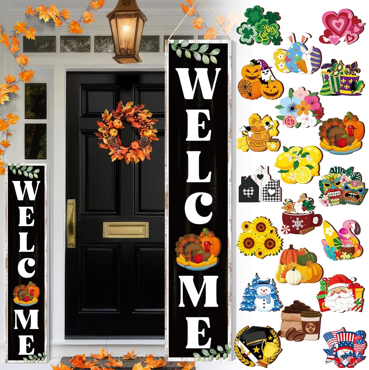 Welcome Sign for Front Porch Standing 47 x 9.8 Inch Interchangeable Wooden Sign with 20 Interchangeable Designed Icons Farmhouse Seasonal Leaner Rustic Porch Door Fall Halloween Decor