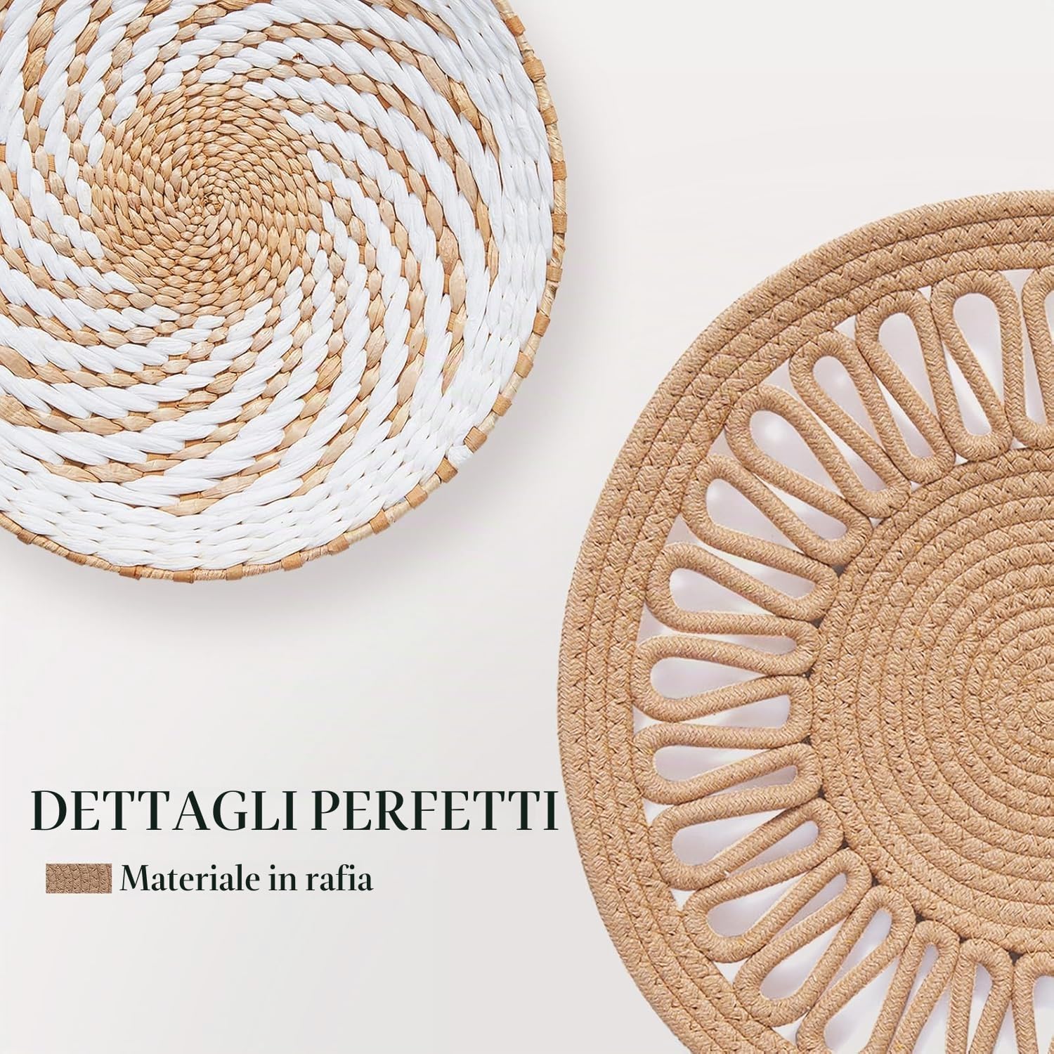Confezione da 8 decorazioni da parete in stile boho, 35,5 cm, rotonde da appendere a mano, in rattan, per soggiorno, rustico, piatto, elegante, fattoria, camera da letto, tavolo, cucina e casa