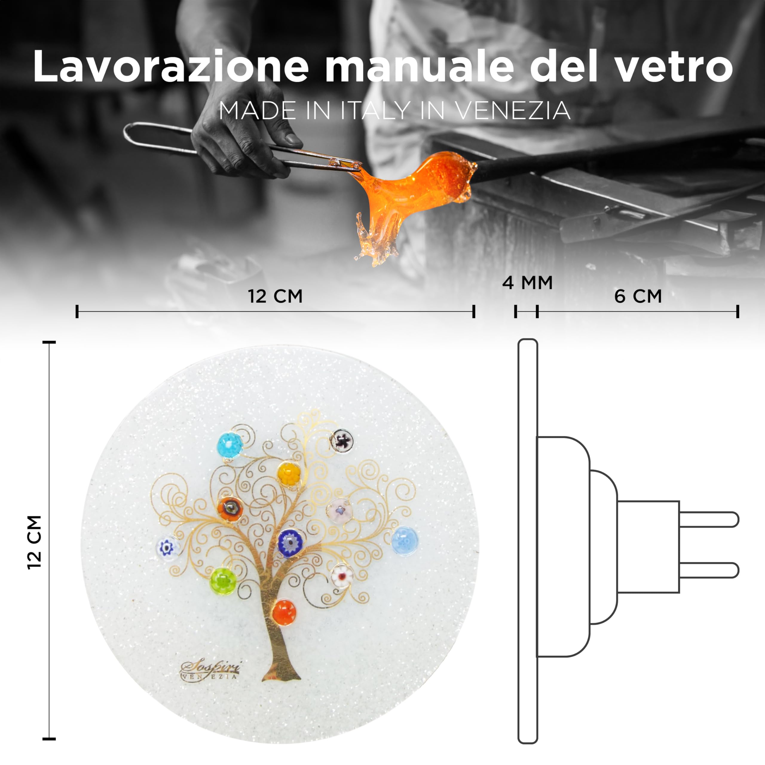 SOSPIRI VENEZIA Luz nocturna para niños, toma de pared LED, de cristal de Murano, con sensor inteligente, decoración del hogar, dormitorio, iluminación de pared, idea de regalo (árbol de la vida,