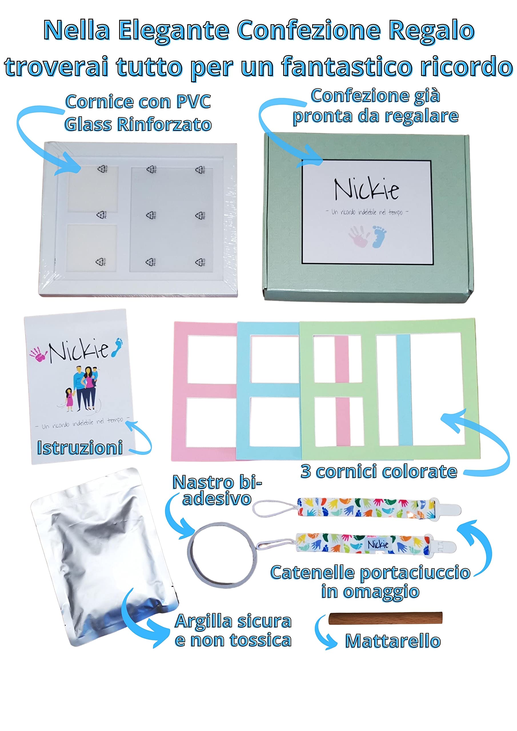 NICKIE Cornice impronte neonato - Kit impronta neonati 4 colorazioni in regalo - Quadretto impronte neonate da parete e da tavolo - Idea regalo per nascita bambino e bambina - Set impronte neonata