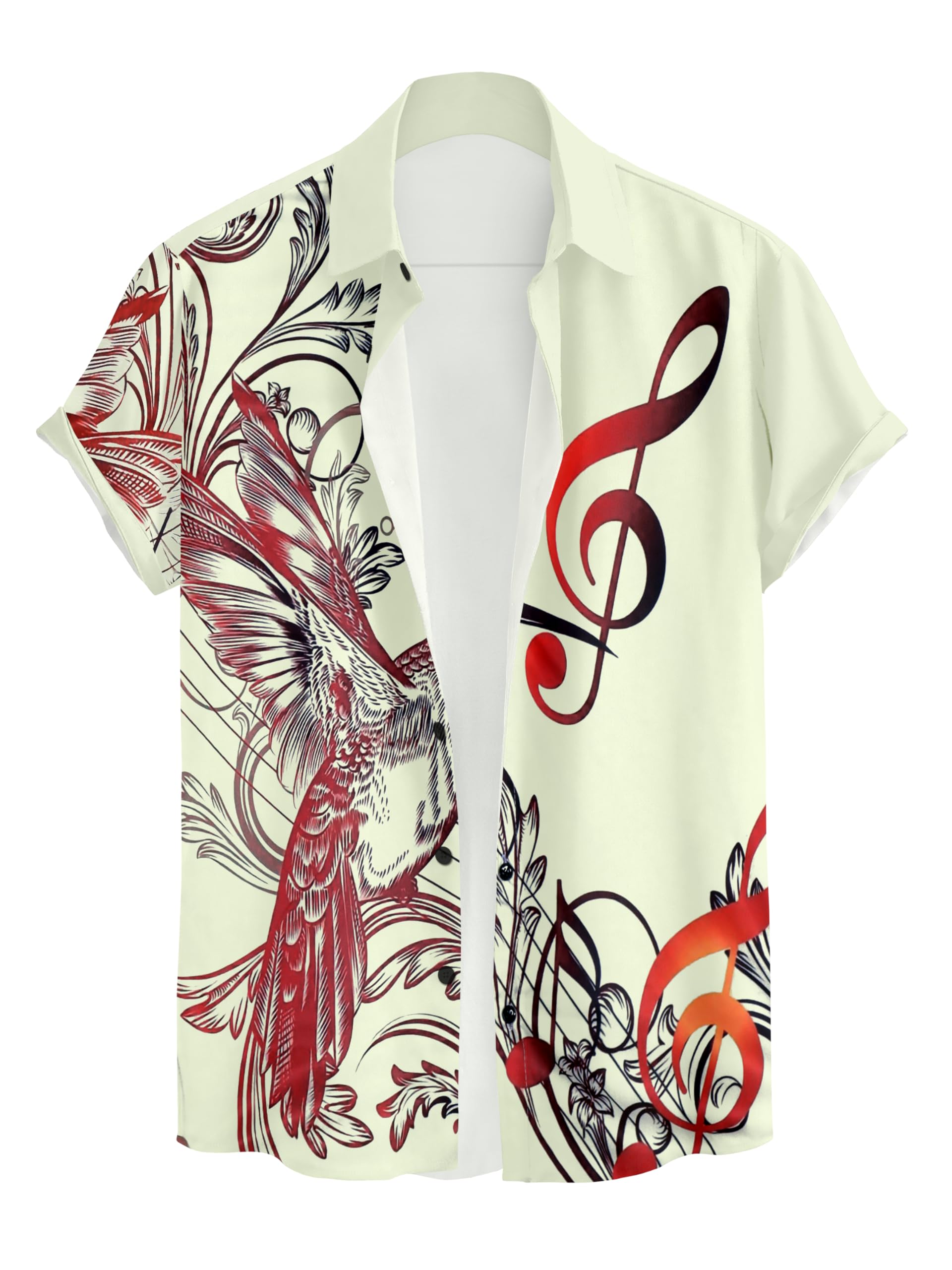 Hawaiian Button Down Shirt, Musical Notes and Palm Trees Print, White with Red and Black Design, Short Sleeve, Tropical Beach Style (in, Alpha, XL, Regular, Cream & Red)