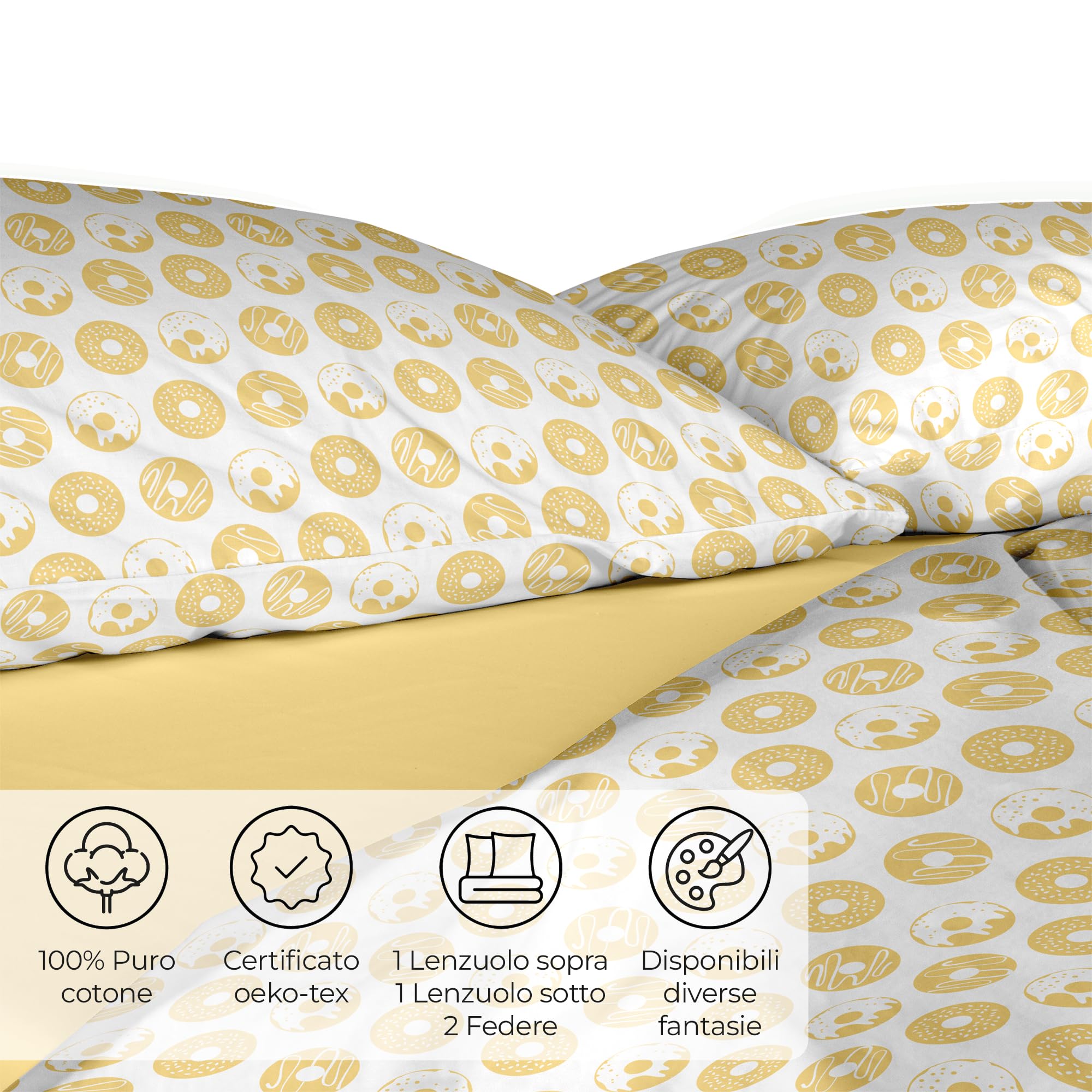 Ruggeri - Set Lenzuola Letto Matrimoniali 4 Pezzi in 100% Cotone di Alta Qualità, Lenzuolo con Angoli 170x200 cm, Lenzuolo Piatto 240x280 cm e 2 Federe 50x80 cm (Ciambelle Gialle, Matrimoniale)