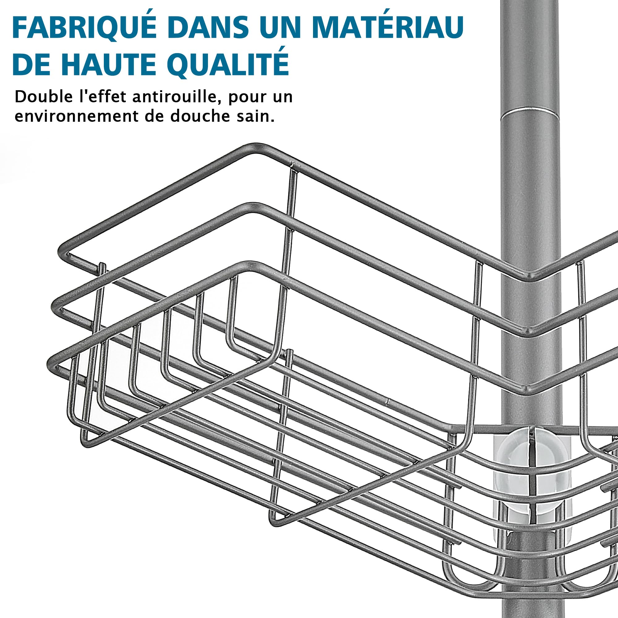 Etagere Douche Telescopique Rangement Salle de Bain Sans Percage Acier Inoxydable avec 4 plateaux, Reglable Hauteur 85-325cm, convient pour Baignoire et Cuisine, Gris