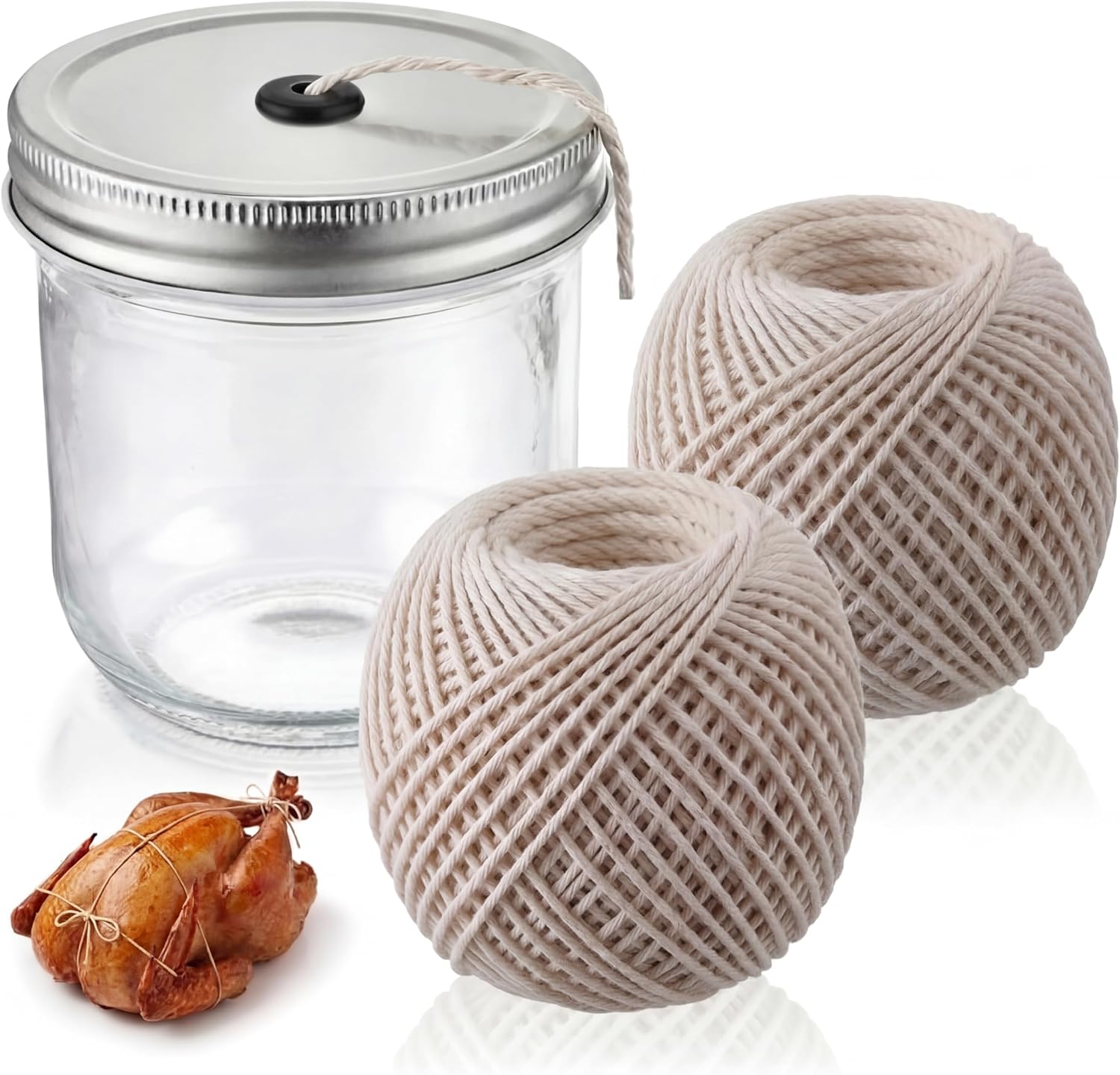 Dreyoo Kitchen Twine with Glass Mason Jar Dispenser, 2 Pack 216FT Cooking Twine, 2MM Natural Cotton Butcher Twines for Meat, Turkey, Roast & Kitchen Use, Center Pull Butcher Twines for Cooking (White)