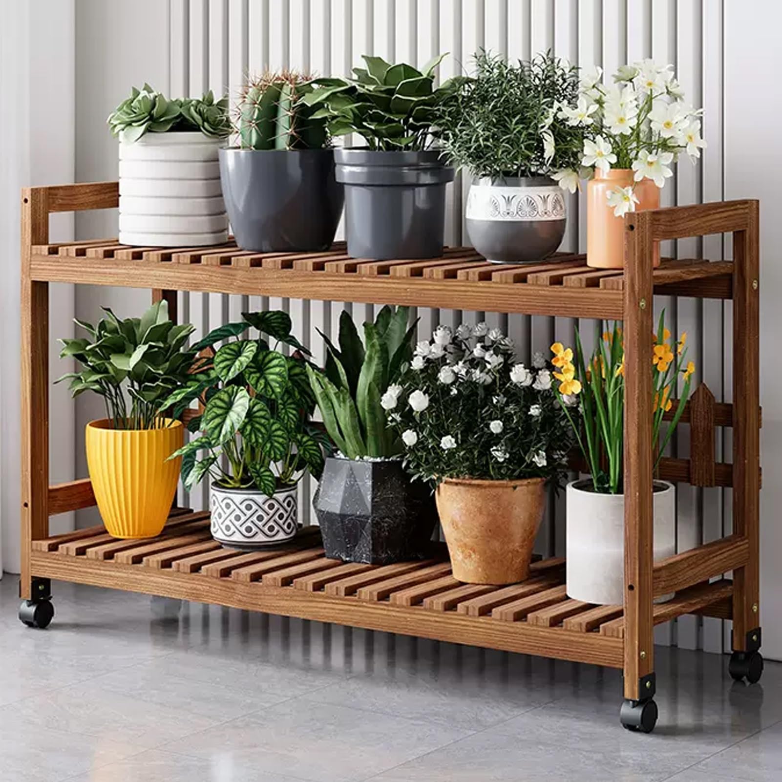 YUANCHUTOP 2-Tier Wooden Plant Stand on Wheels - Mobile Flower Pot Shelf for Indoor/Outdoor Use - Tiered Plant Rack for Balcony, Living Room, Window, Garden - Brown (35.4x13.8 inch)