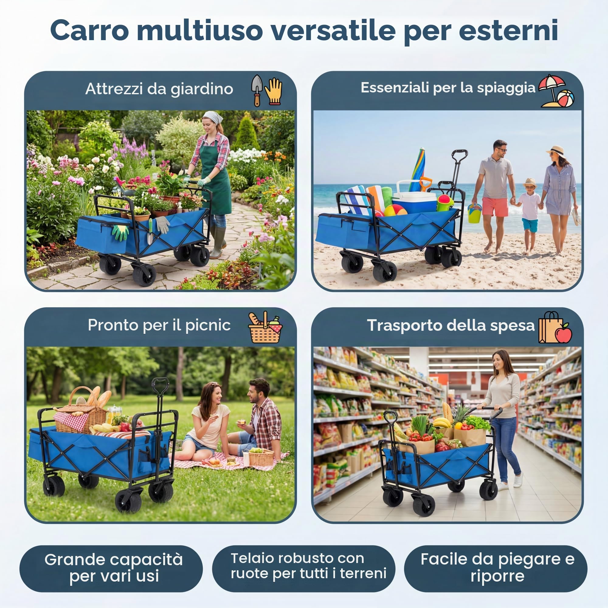 SOARS Carrello Spiaggia Pieghevole con Tetto, Carrello da Trasporto con Ruote Grandi e Borsa Portatutto, Carrello da Campeggio e Giardino, in Acciao Resistente, Chiusura Rapida, 100 KG, 100L (Blu)