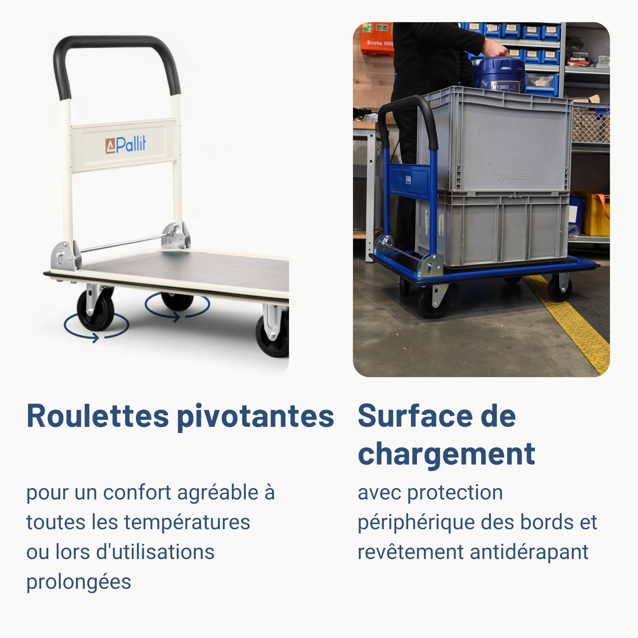 Pallit Chariot Pliable 150 kg Carry - Chariot de Transport en Acier | Plateforme antidérapante 700 x 440 mm, roues TPE pivotantes, chariot plateforme compact idéal pour déménagement et atelier